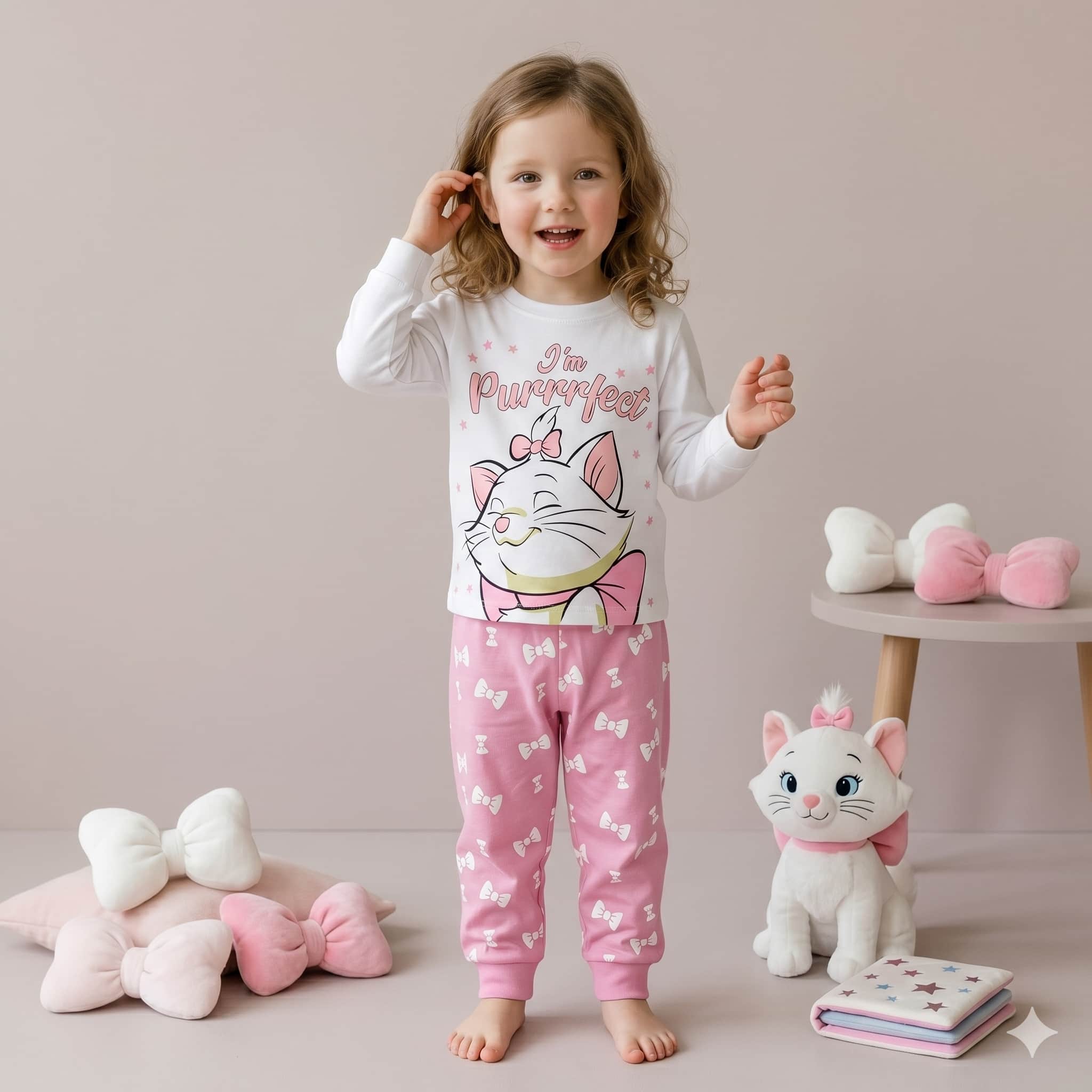 طقم بيجامة بناتي بأكمام طويلة "Purrfect Charm" - أبيض