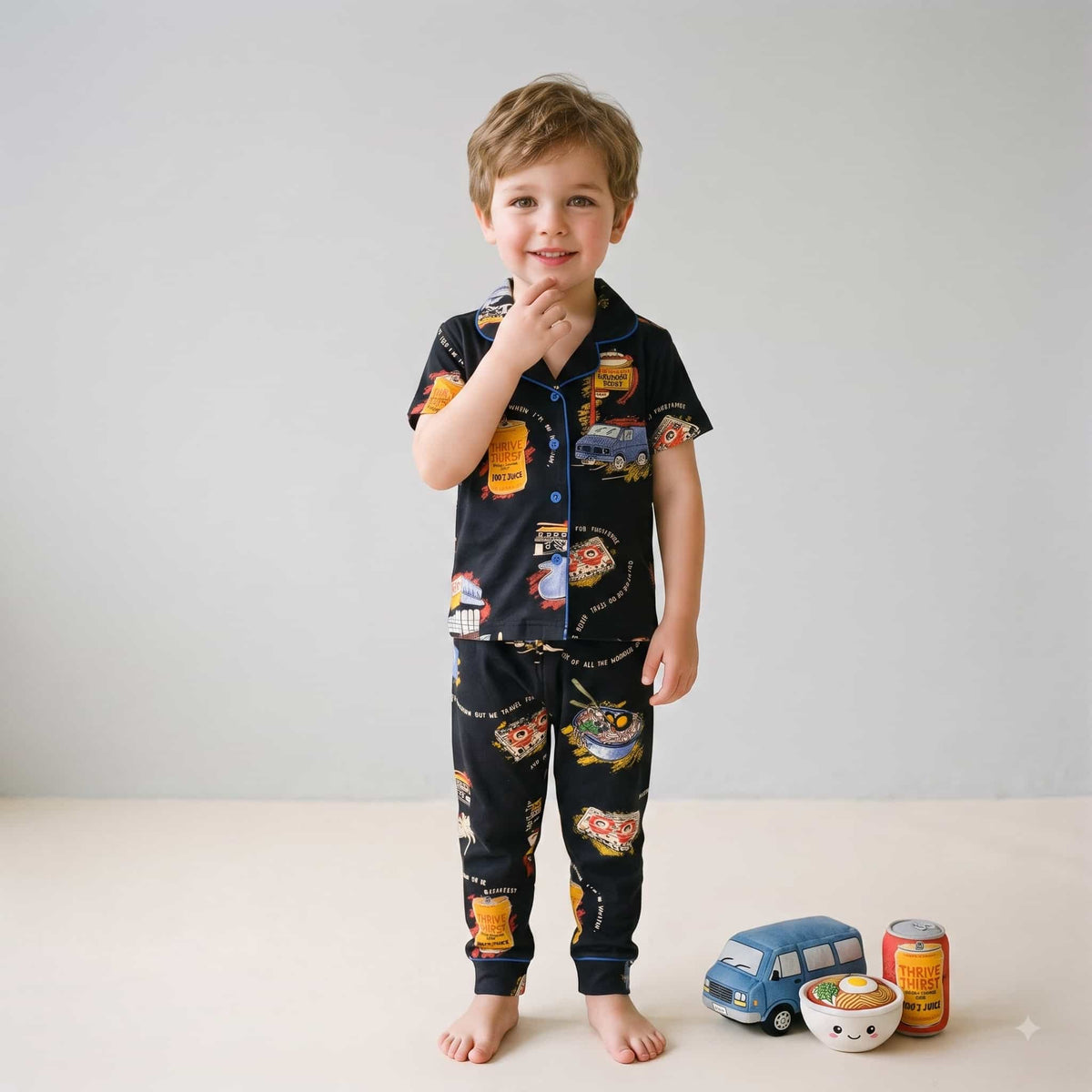 Retro Route Boys Half Sleeves Pajama Set - Black