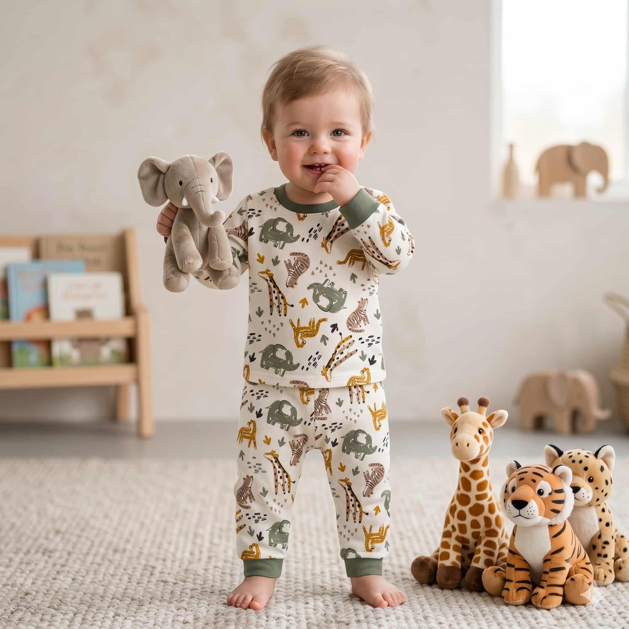 Safari Friends Baby Boys Full Sleeves Pajama Set - Cream