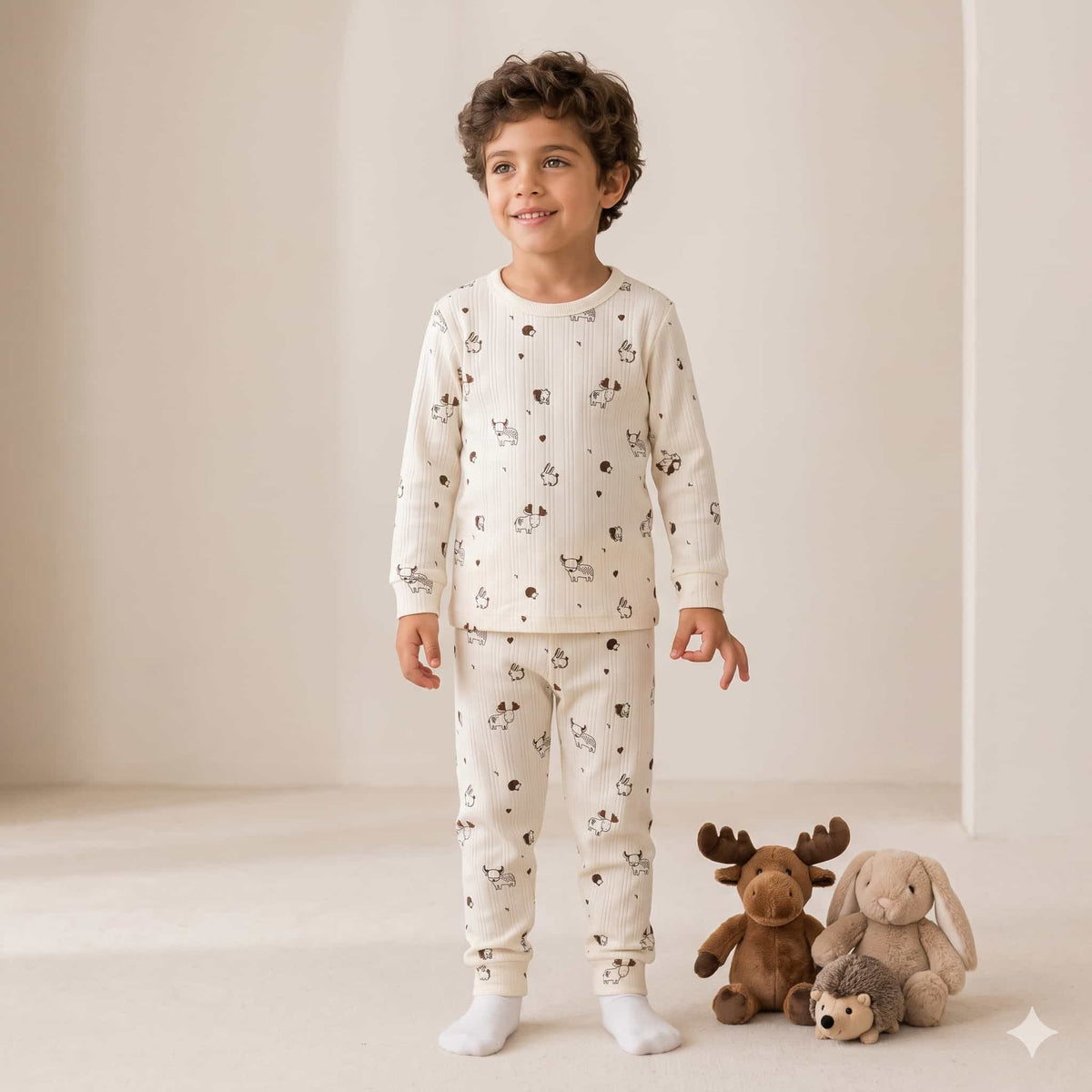 Woodland Whimsy Boys Full Sleeves Pajama Set – Cream White