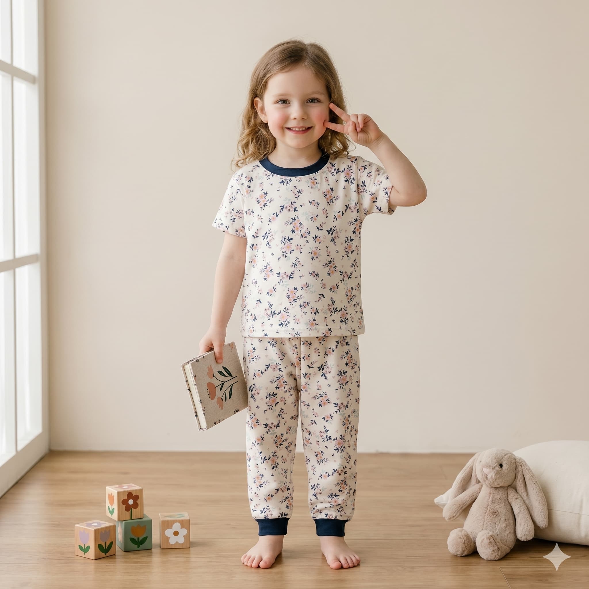 Floral Girls Half Sleeves Pajama Set - OffWhite