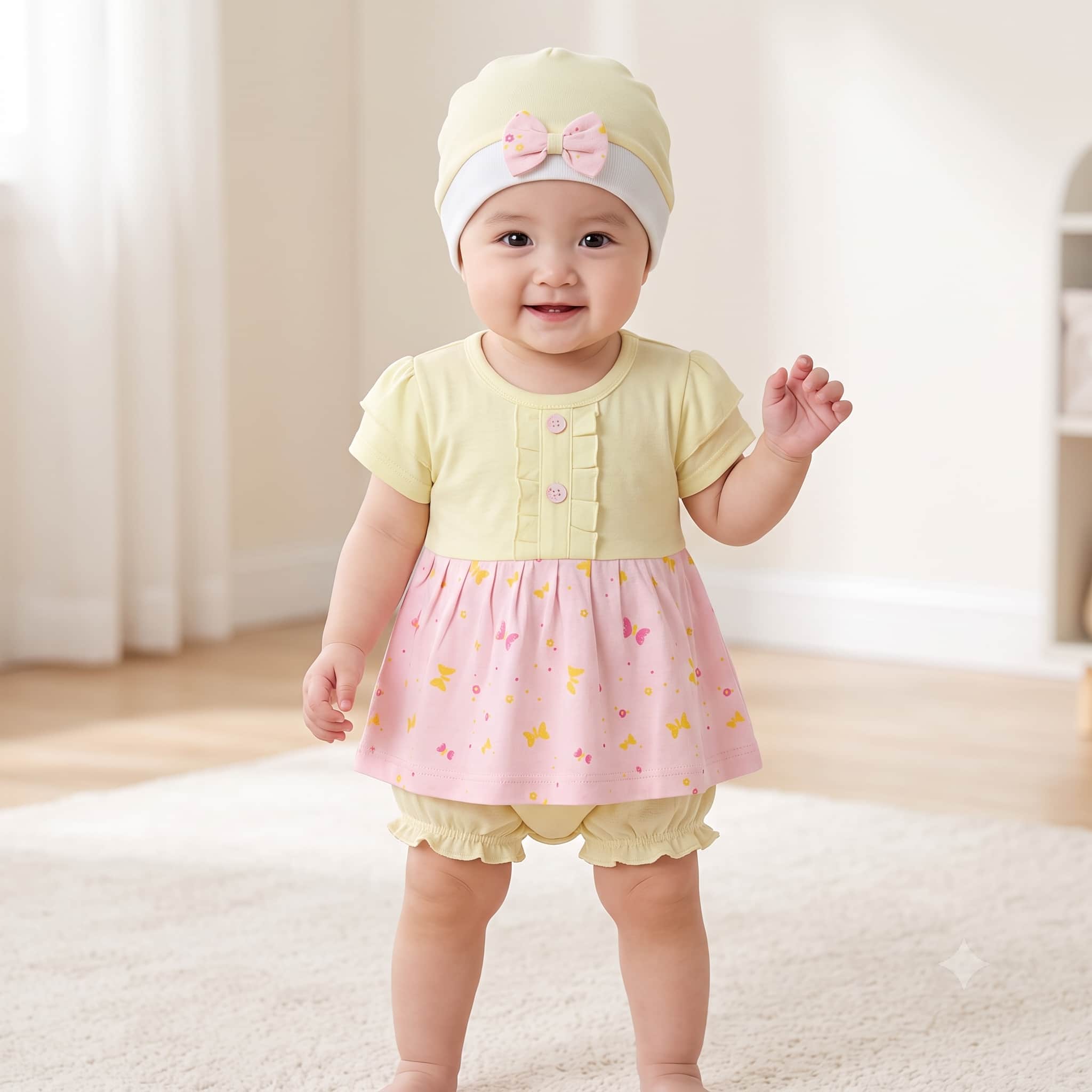 Sunny Flutter Baby Girls Frock Set - Yellow & Pink