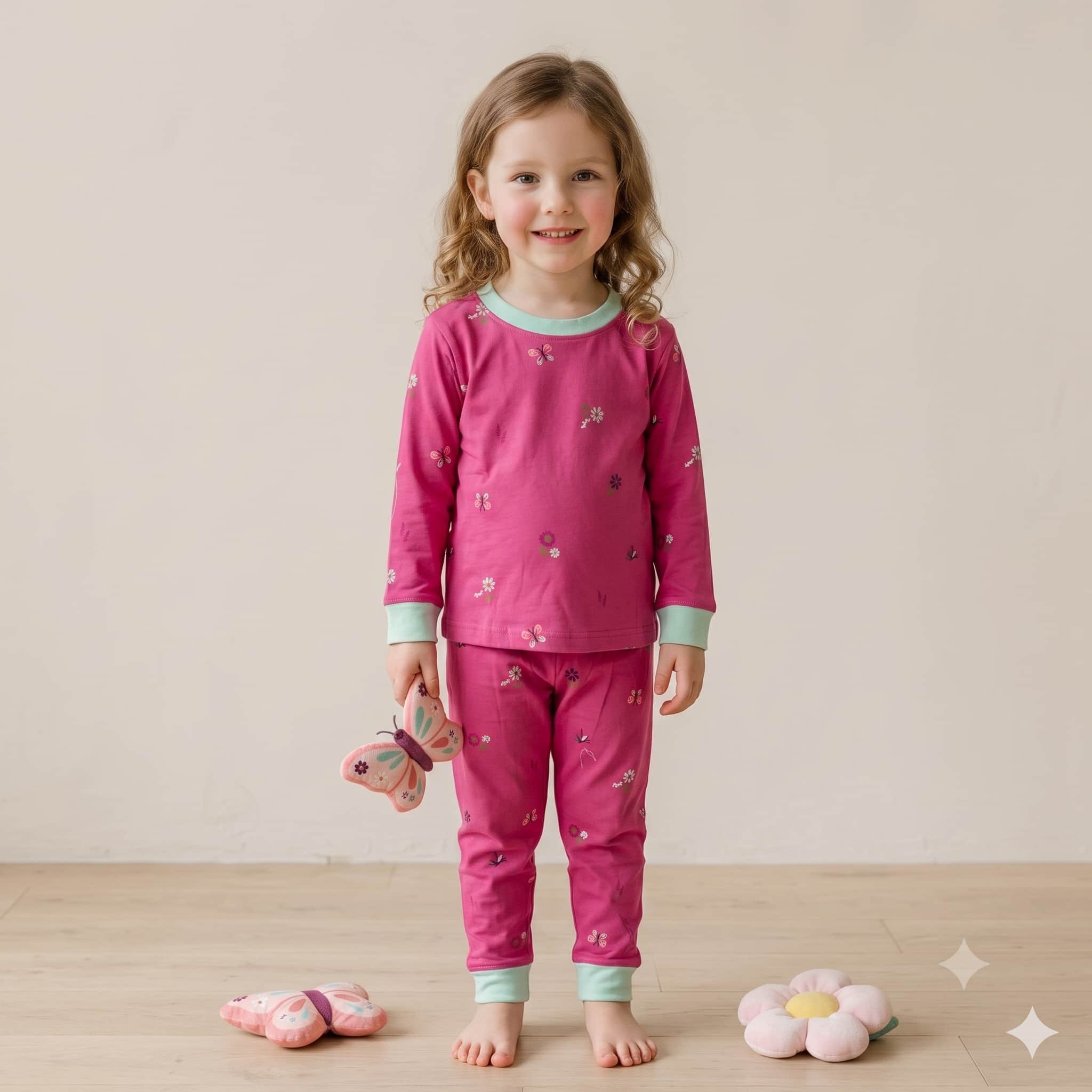 Butterfly Girls Full Sleeves Pajama Set - Magenta