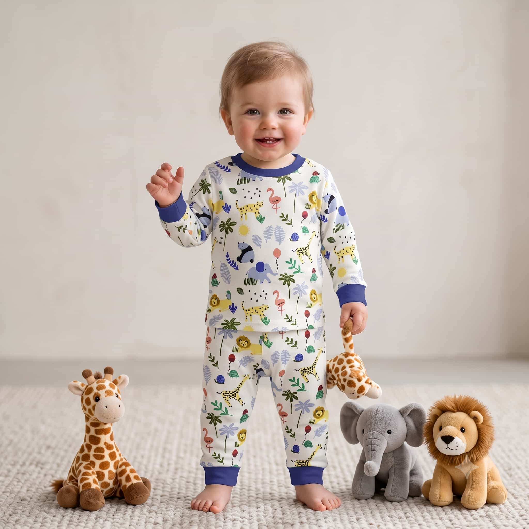 Jungle Safari Baby Boys Full Sleeves Pajama Set – Cream