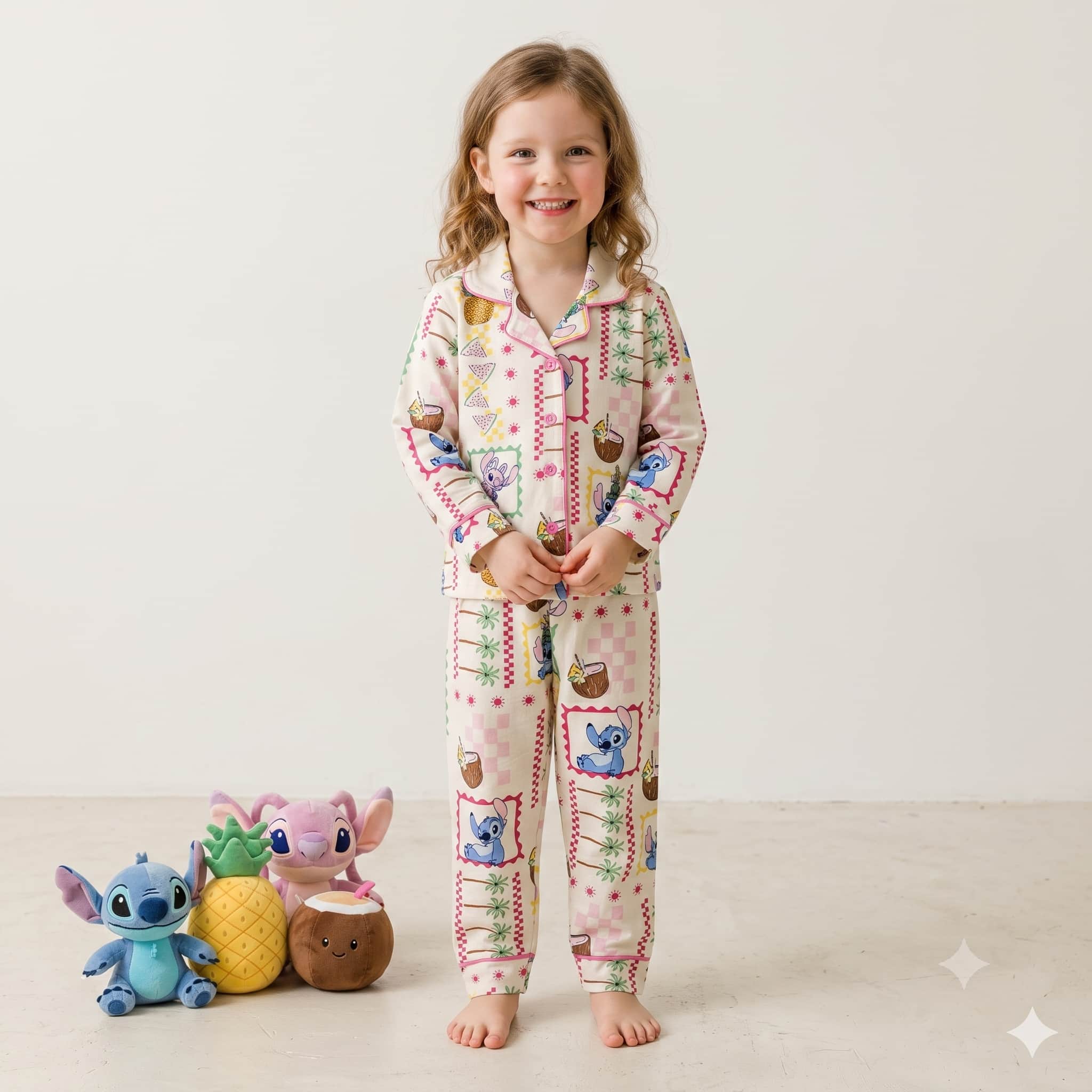 Stitch Girls Full Sleeves Pajama Set – Cream