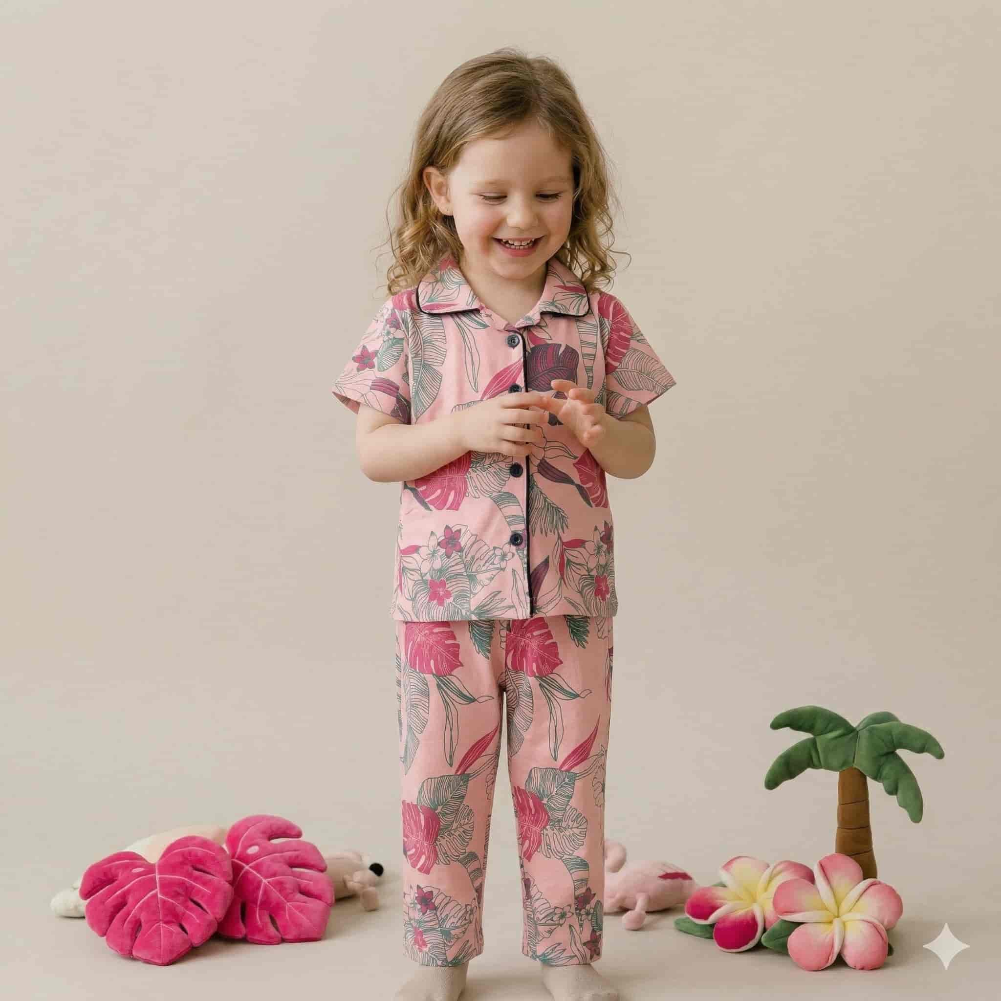 Leaf Girls Button Pajama Set - Pink