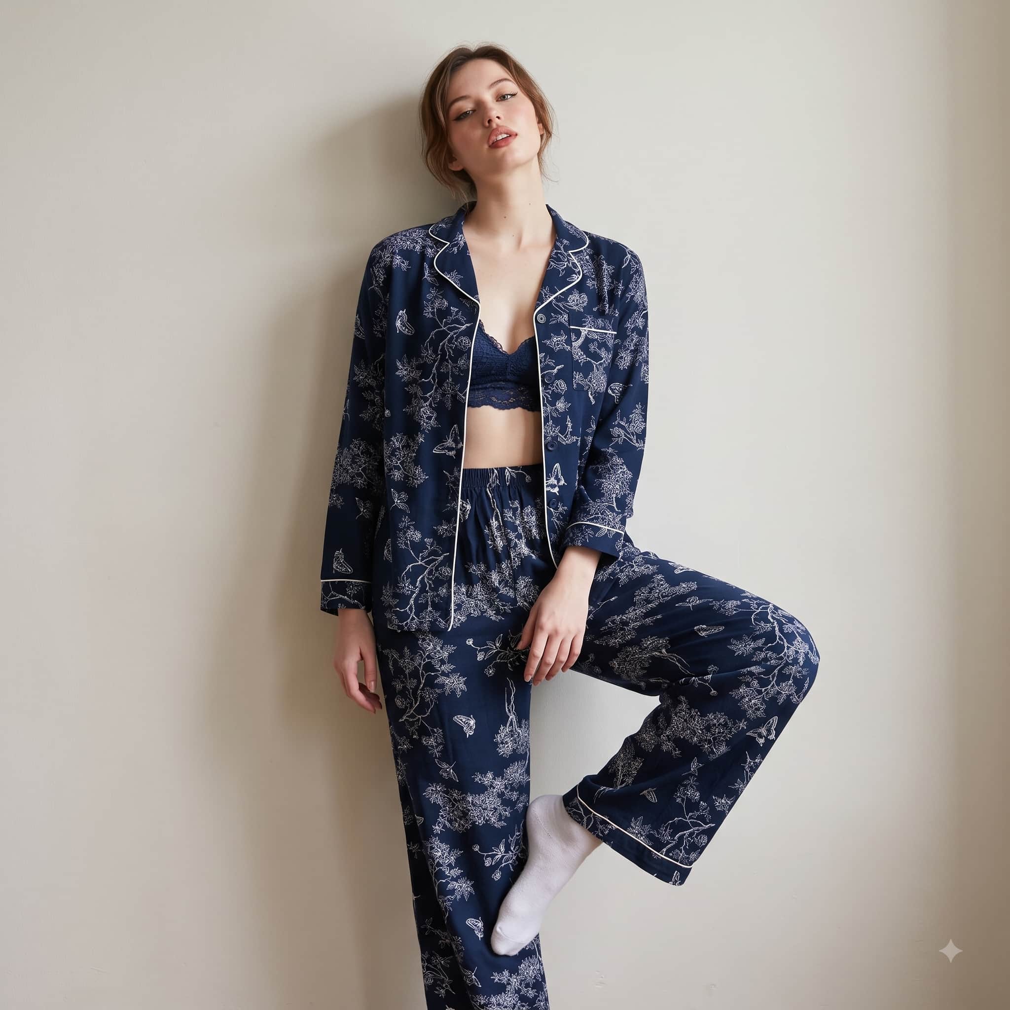 Midnight Bloom Women Full Sleeves Pajama Set - Navy Blue