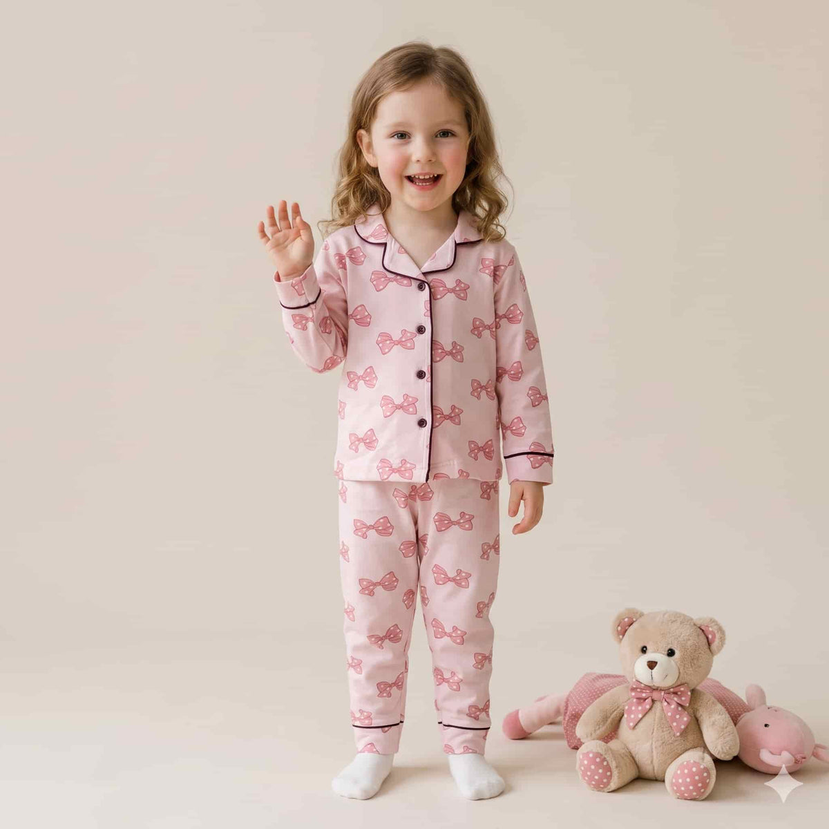 Pretty Bows Girls Full Sleeves Pajama Set - Pink &  Burgundy