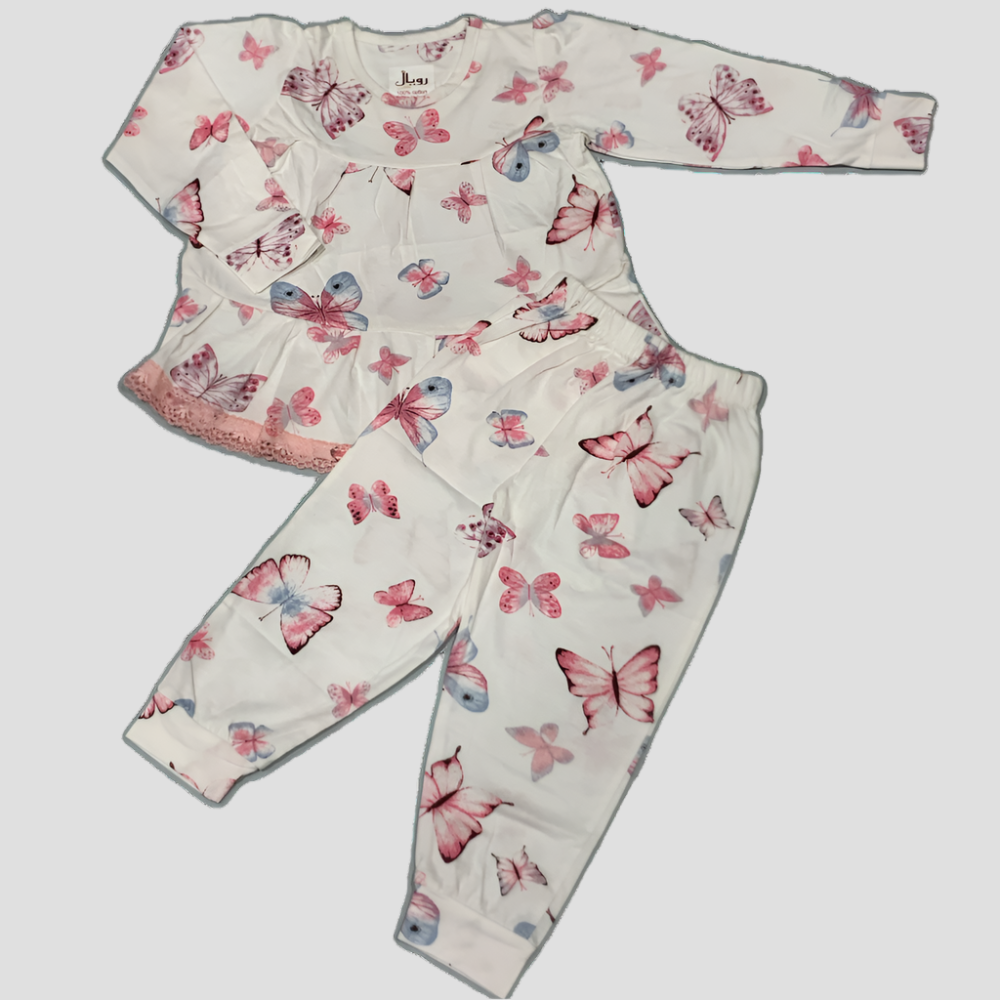 Butterfly Girls Full Sleeves Laced Pajama Set - Cream