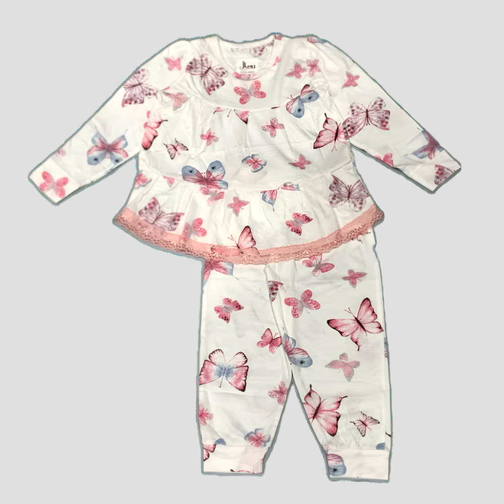 Butterfly Girls Full Sleeves Laced Pajama Set - Cream