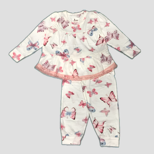 Butterfly Girls Full Sleeves Laced Pajama Set - Cream