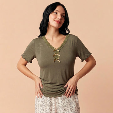 Laced Women Pajama Set - Olive Green & Cream