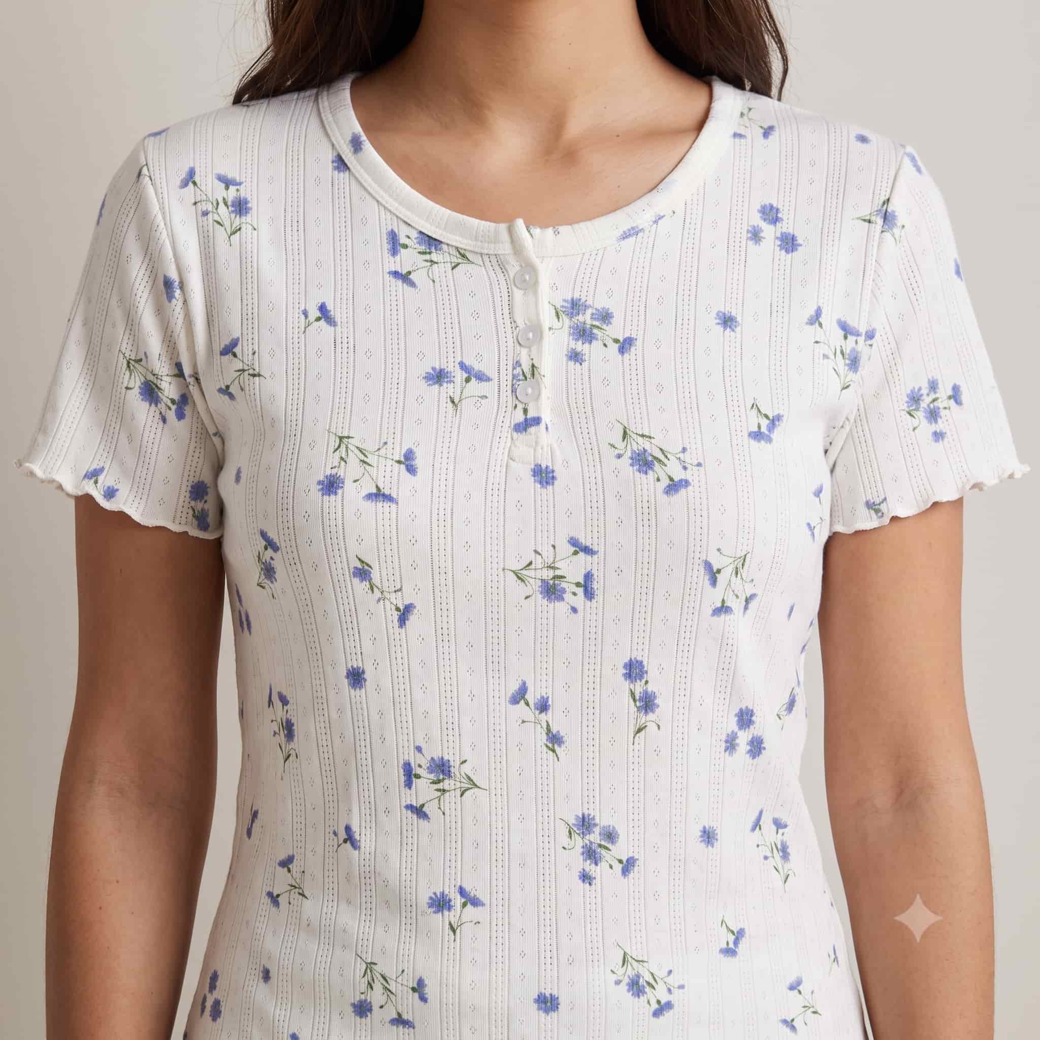 Blue Blossom Women Half Sleeves Pajama Set – White