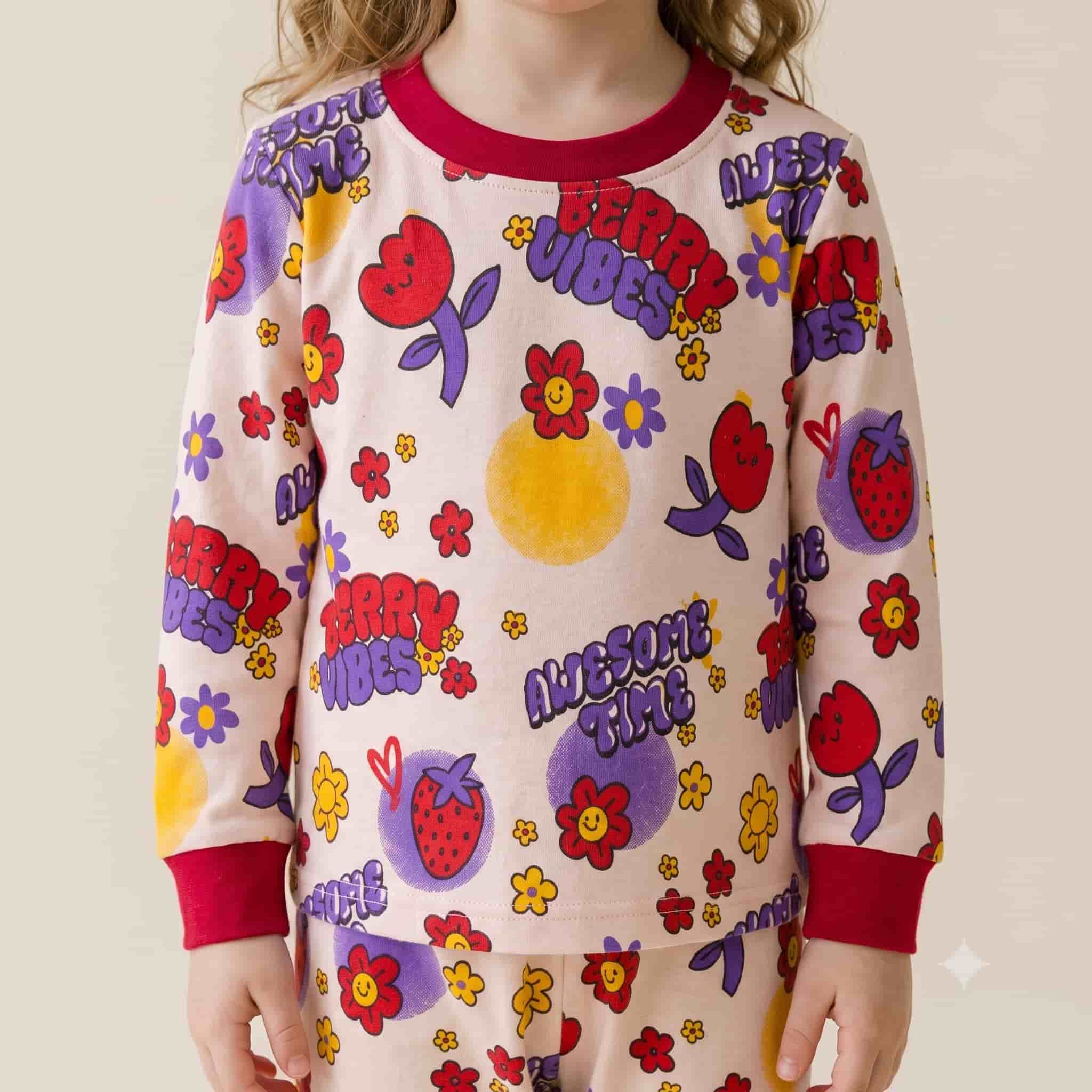 Berry Vibes Girls Full Sleeves Pajama Set - Red