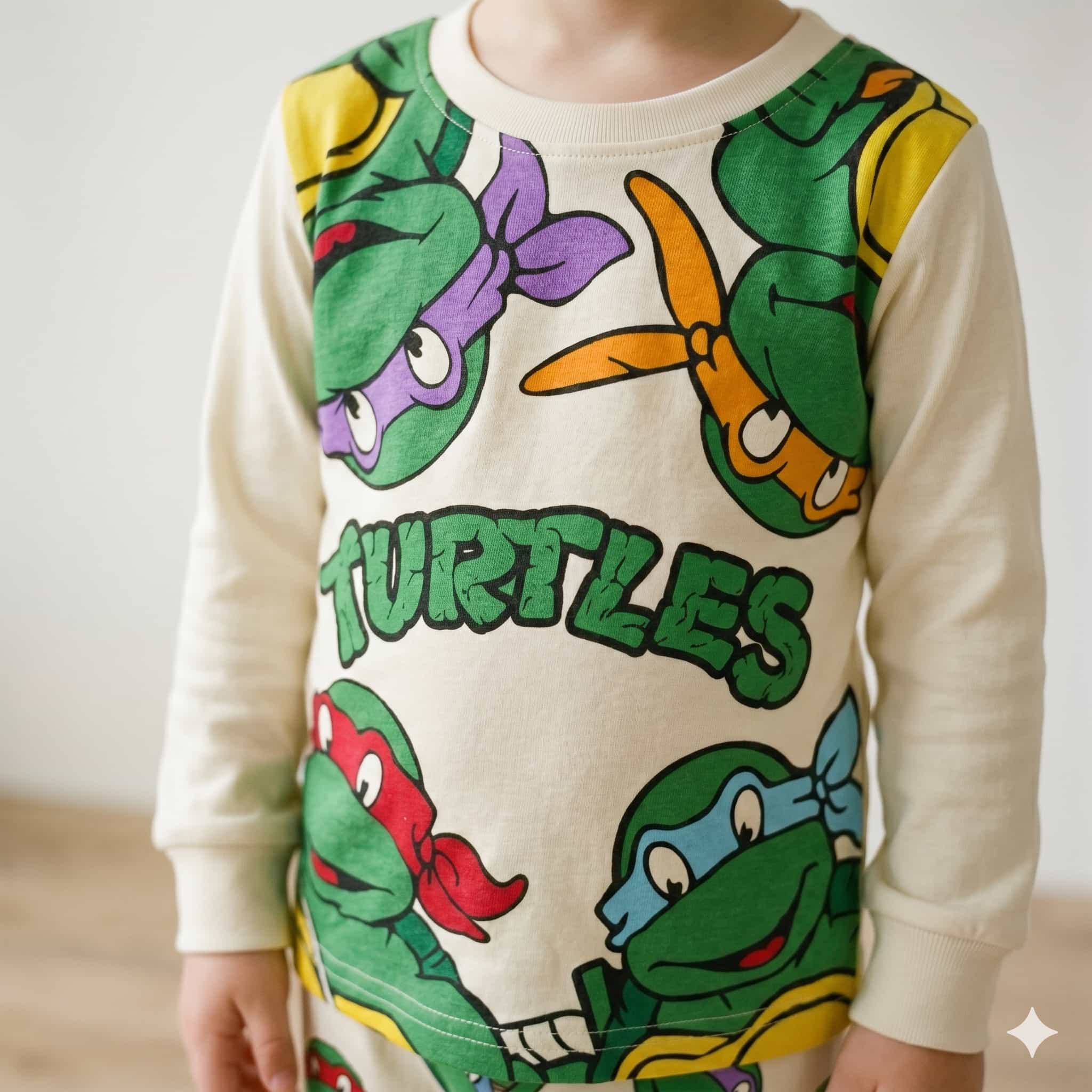 طقم بيجامة أولادي بأكمام كاملة بطبعة Turtle Power - كريمي