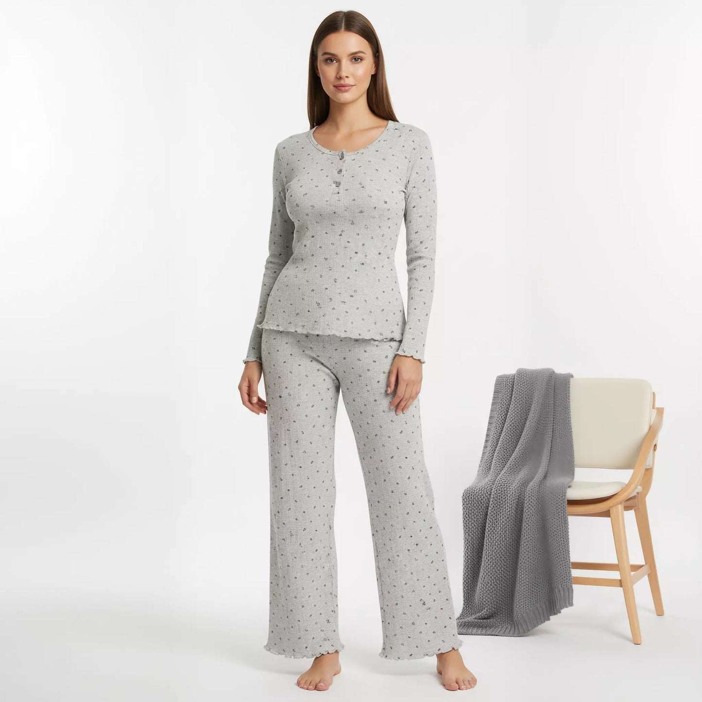 Blue Tulips Flower Women Pajama Set- Grey