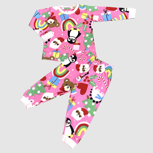 Christmas Girls Full Sleeves Pajama Set- Pink