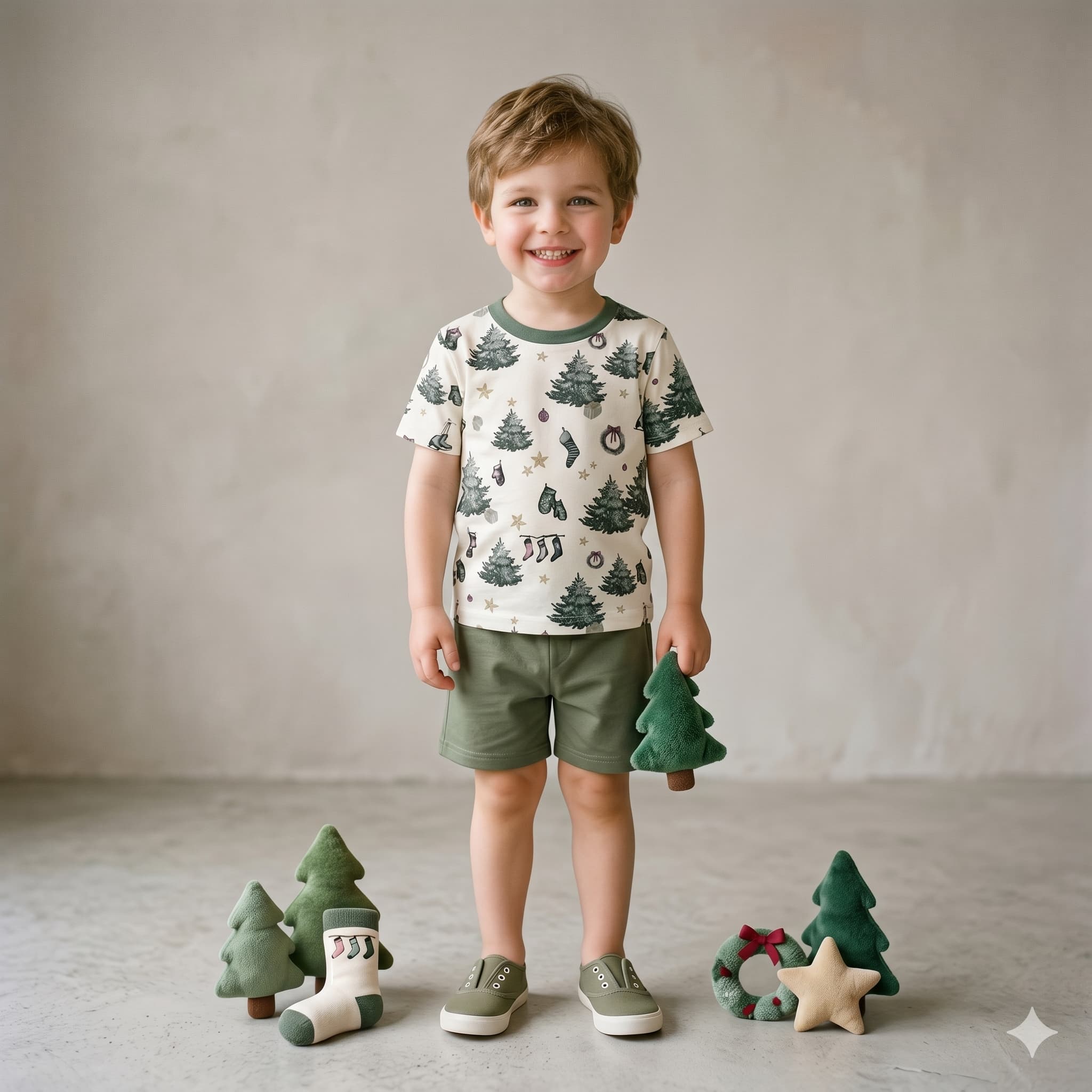 Festive Pines Boys Half Sleeves Short Set - Cream