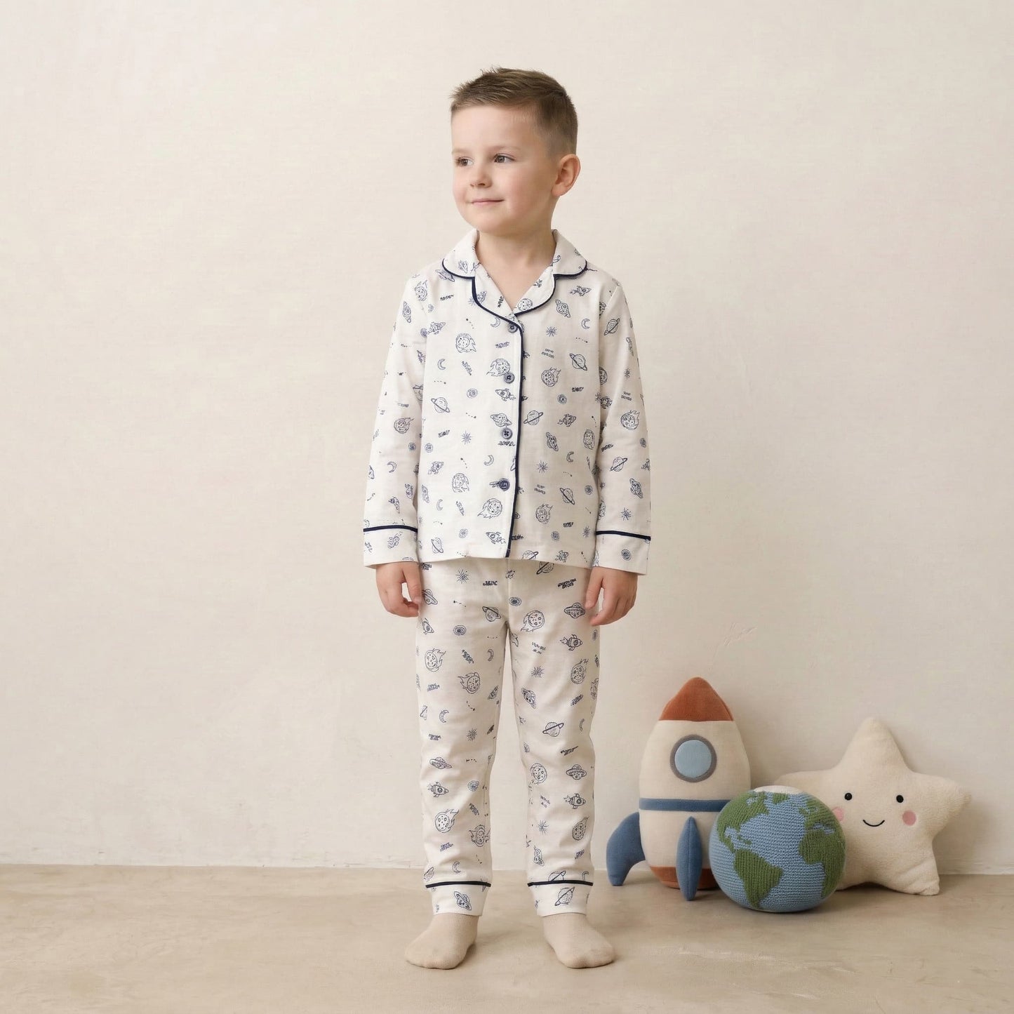 Little Astronaut Boy Button Pajama Set - White