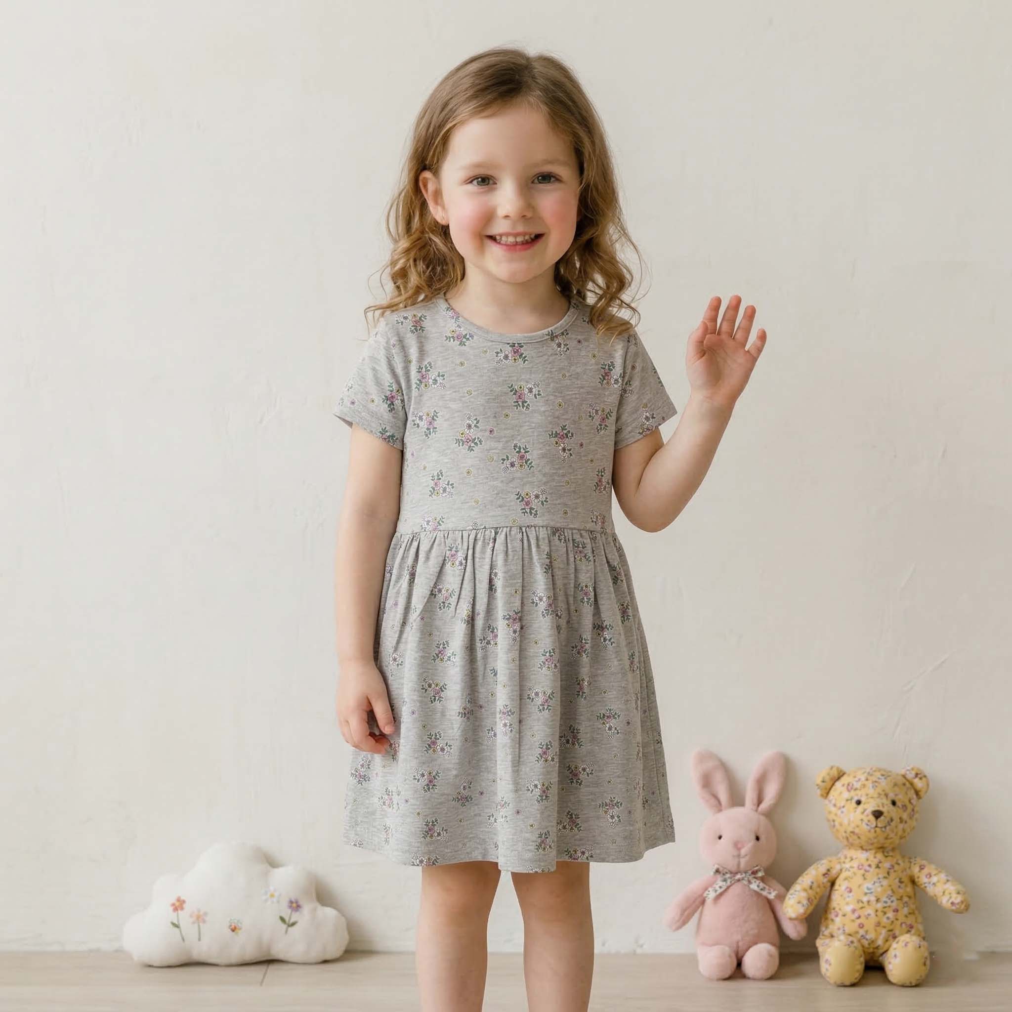 Floral Bouquet Girls Frock - Grey
