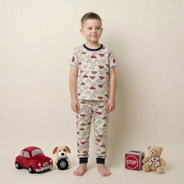 Allover Car Boys Short Sleeves Pajama Set - Cream