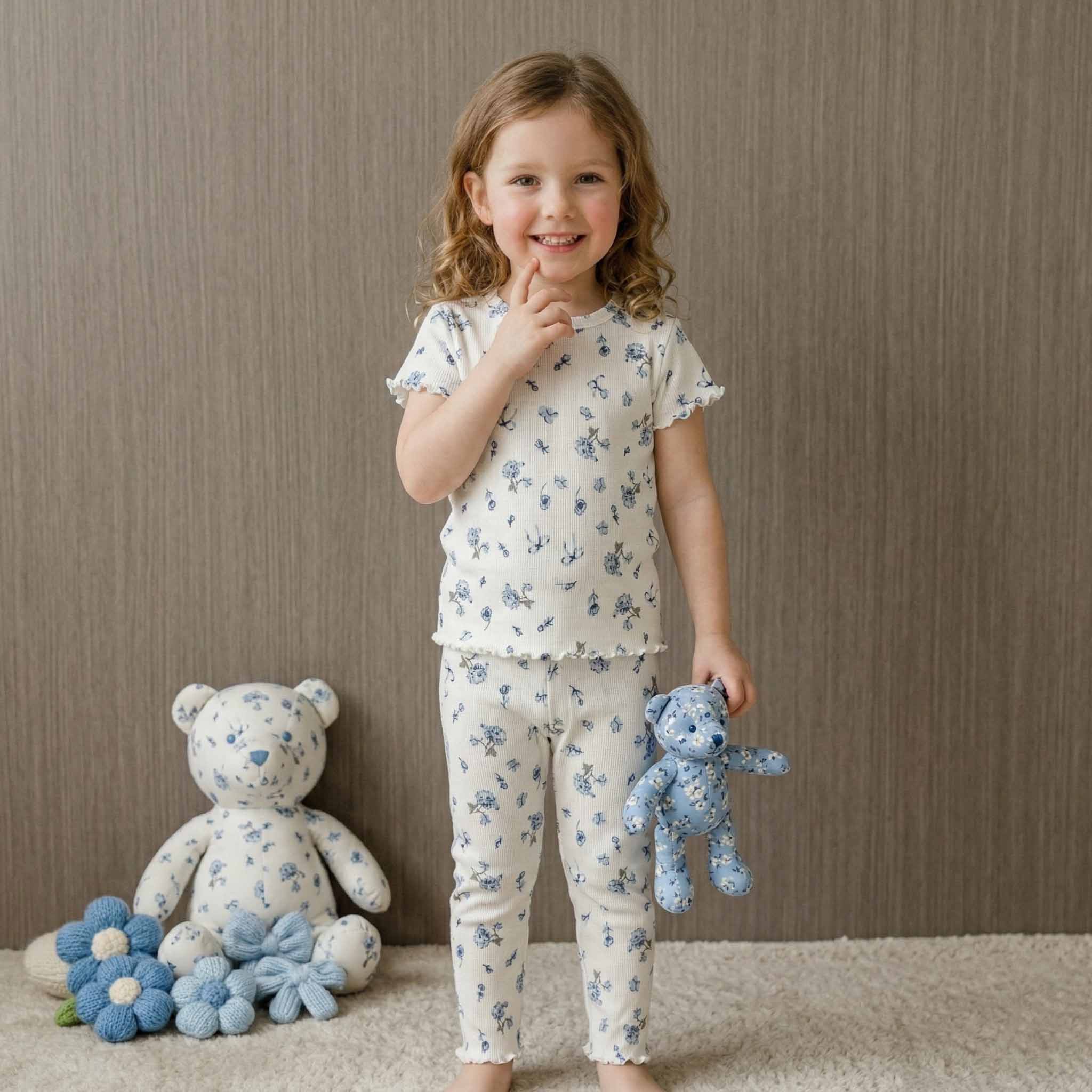 Blue Flowers & Ribbons Girls Short Sleeves Pajama Set - Cream
