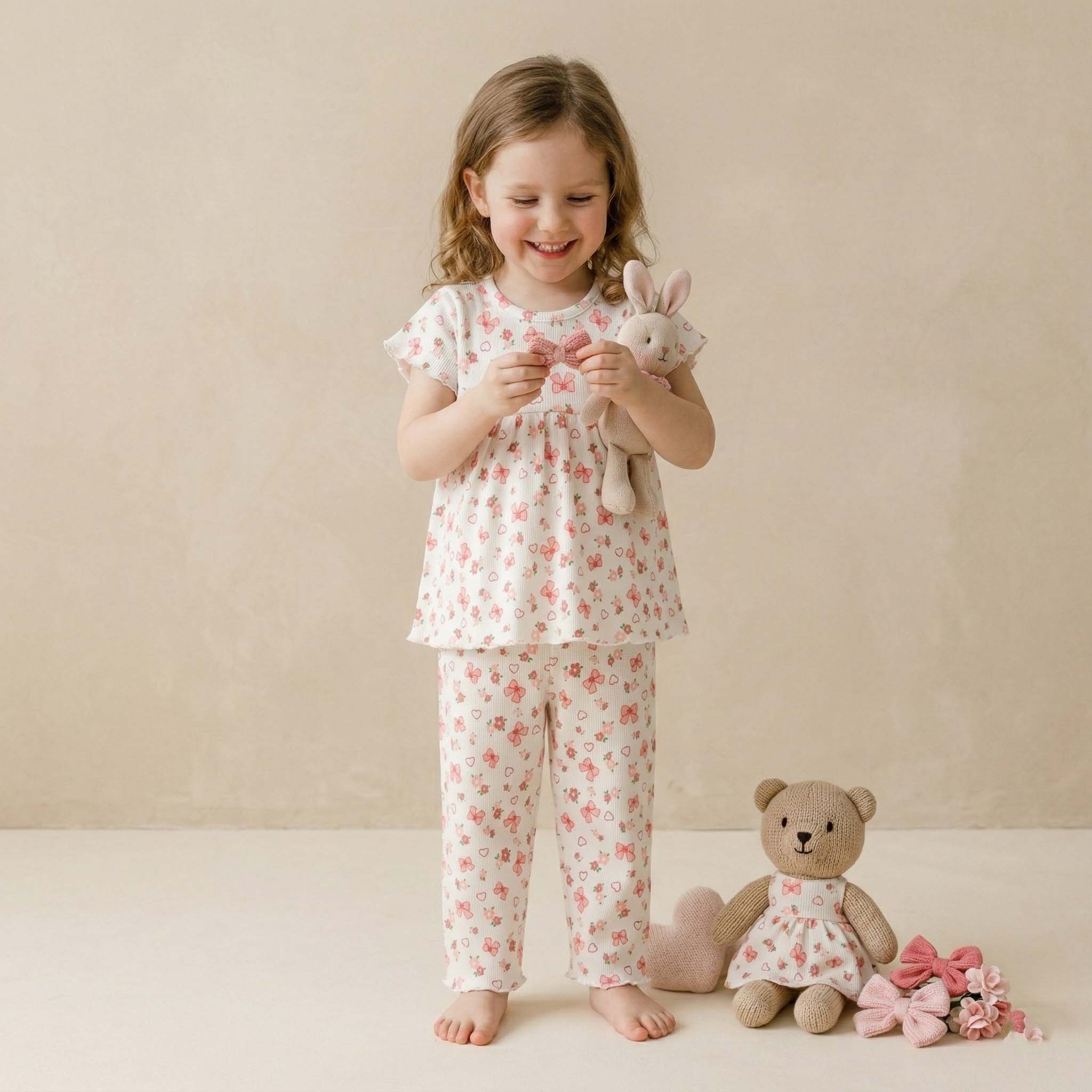 Cute Bows & Hearts Girls Pajama Set - Cream & Pink
