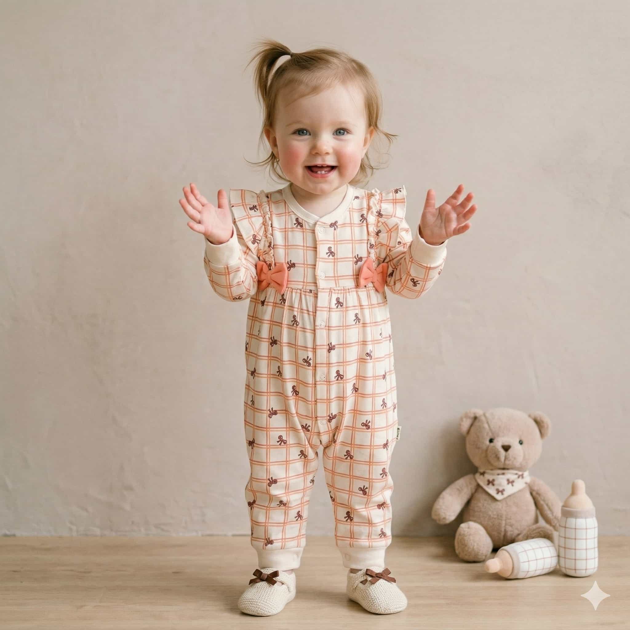 Checkered Ribbon Baby Girl Set - Orange