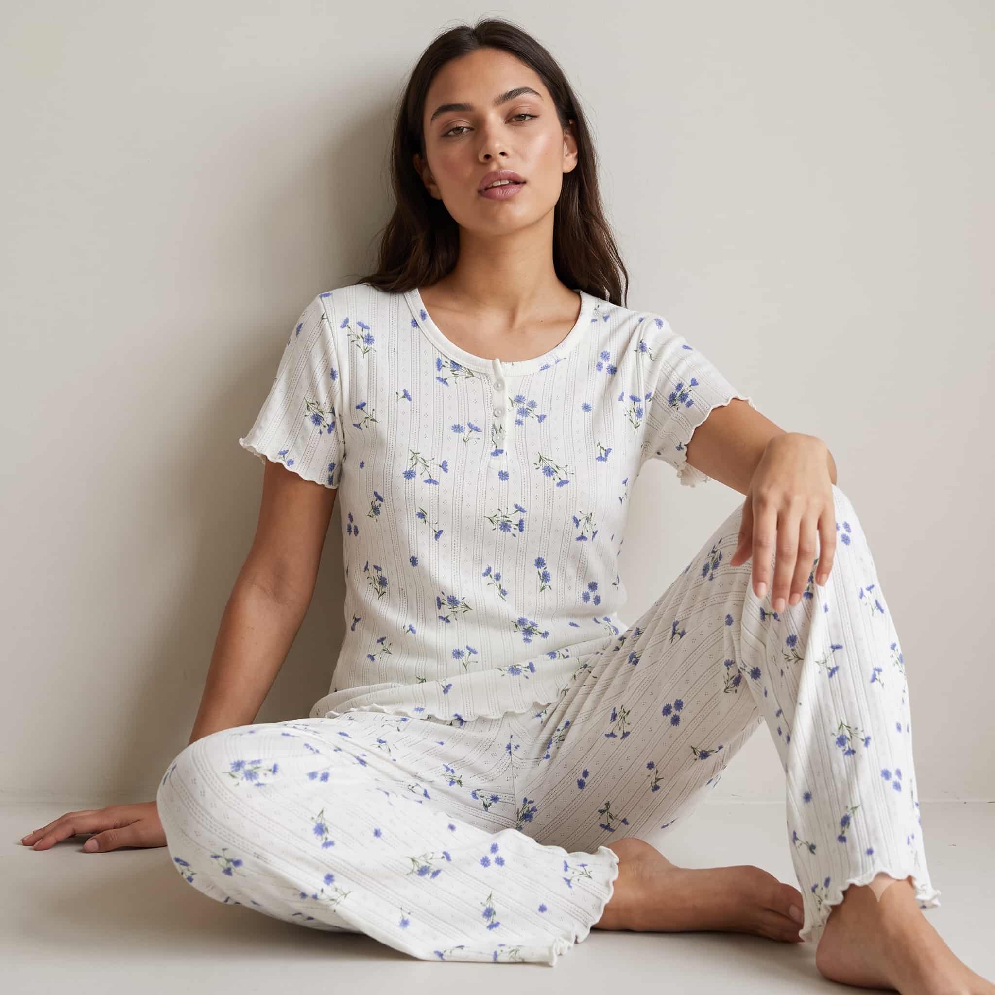 Blue Blossom Women Half Sleeves Pajama Set – White