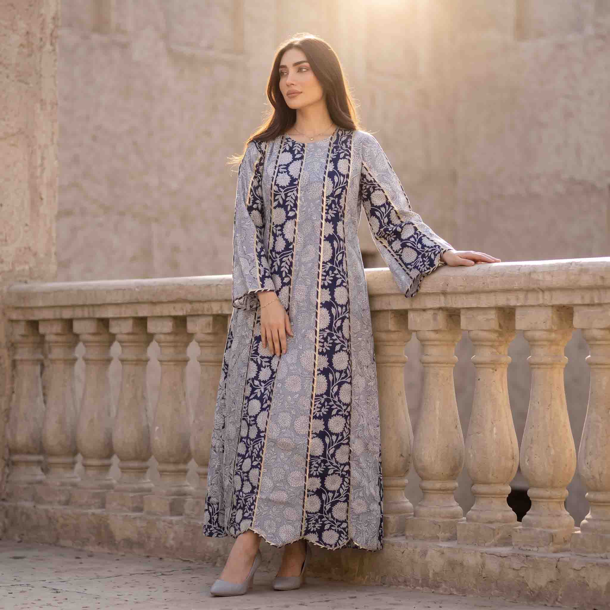 Ethnic Floral Panel Print Women Darra - Black & Grey