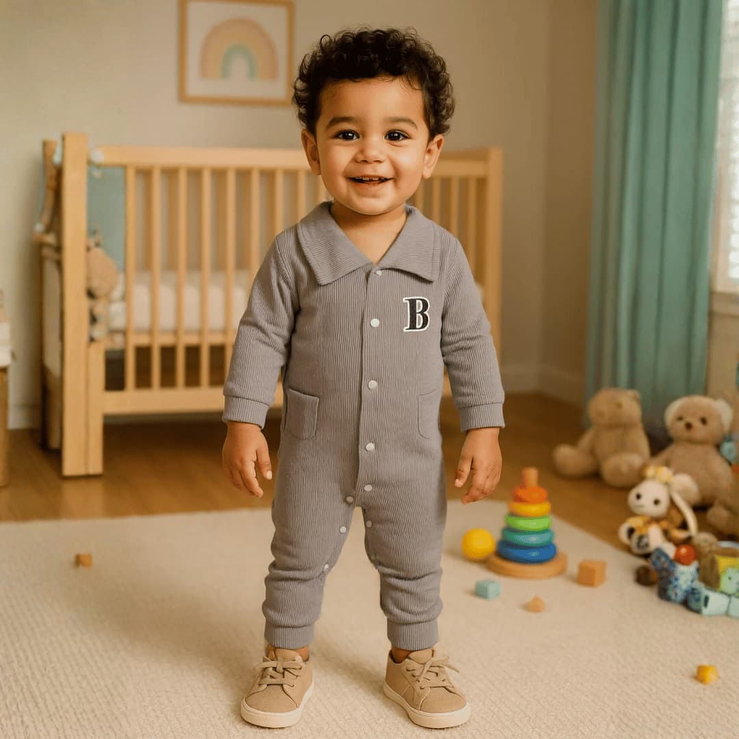 B Collar Baby Boy Bodysuit- Dark Grey