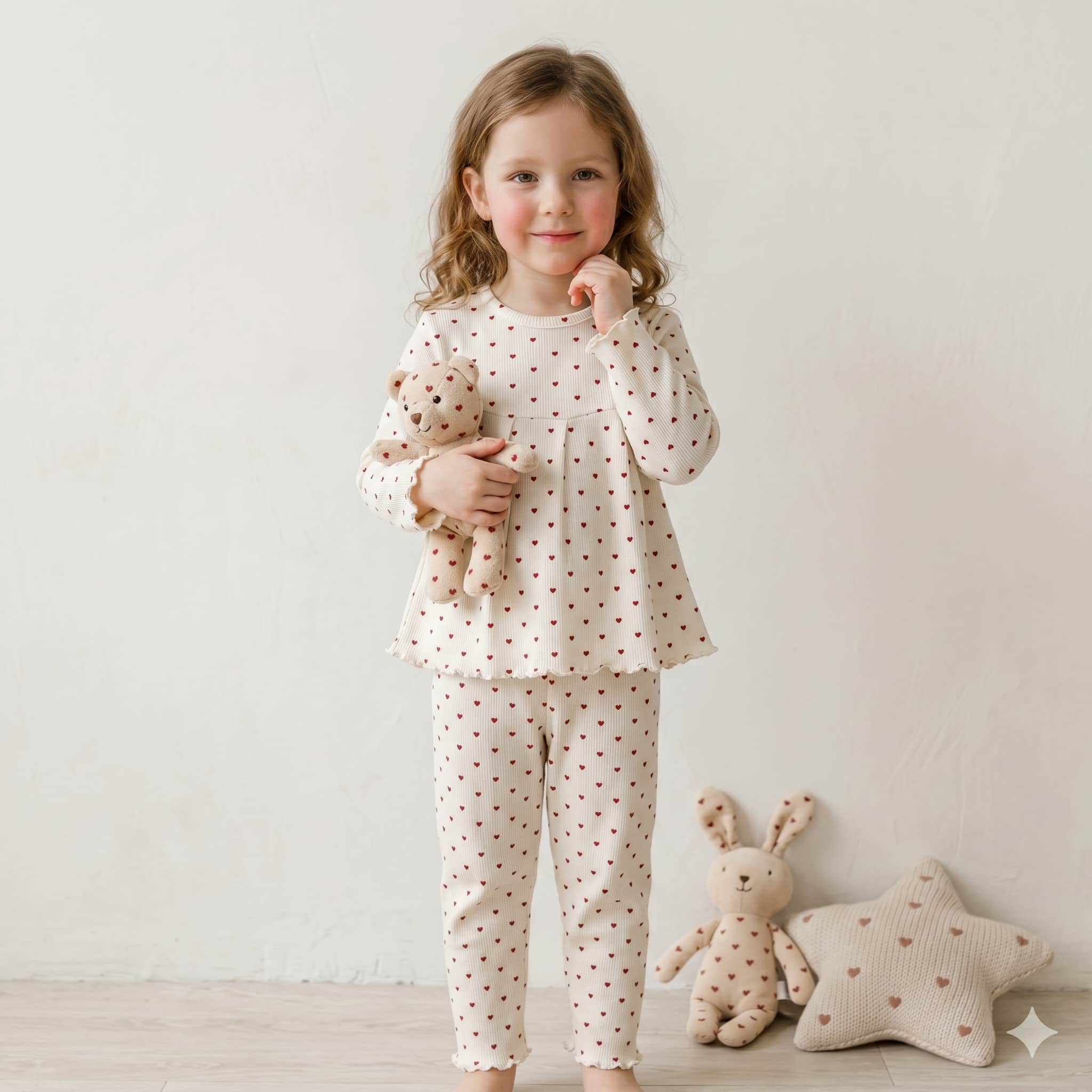 طقم أكمام طويلة للفتيات من Dainty Hearts - كريمي