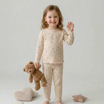 Little Hearts Girls Full Pajama Set - Light Brown