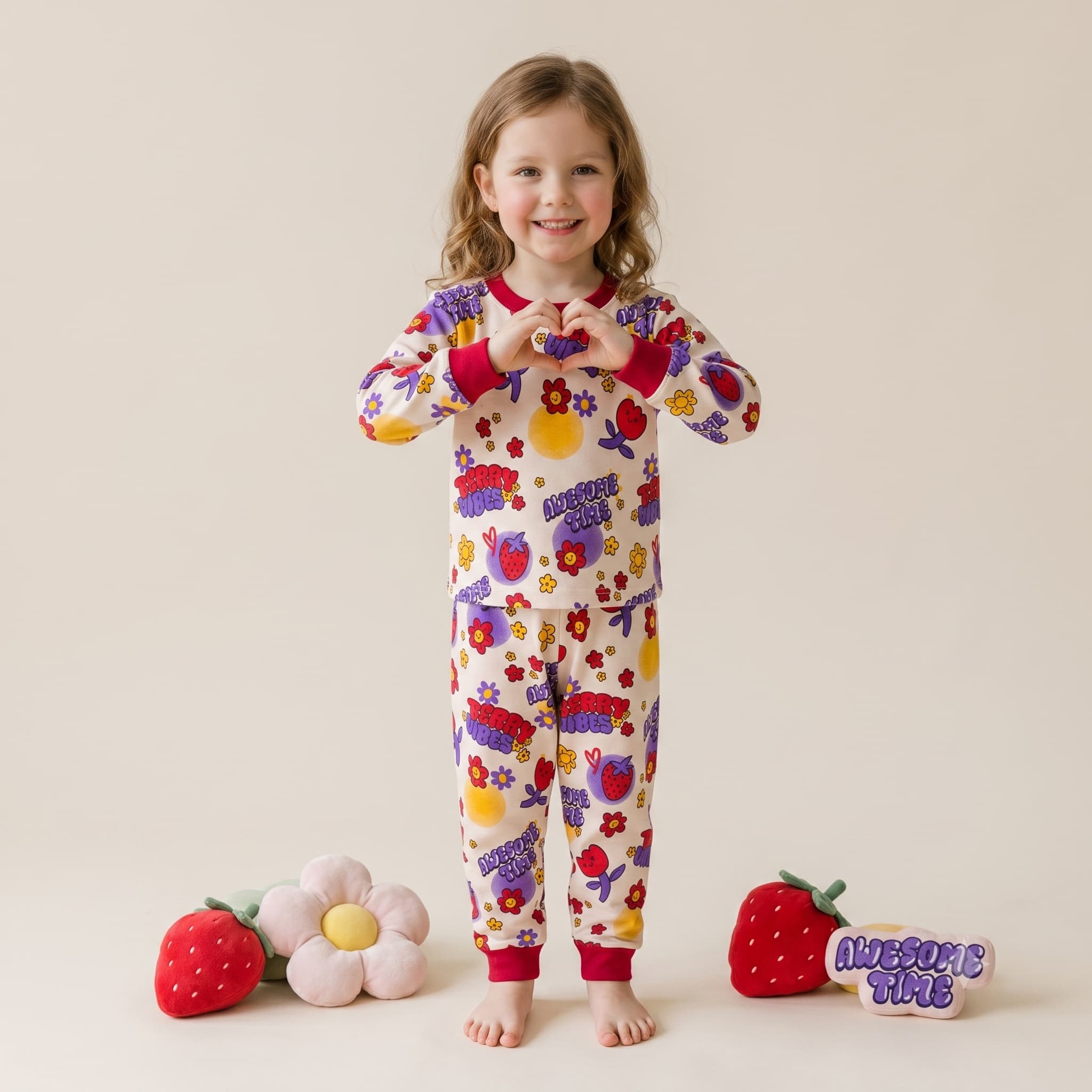 Berry Vibes Girls Full Sleeves Pajama Set - Red
