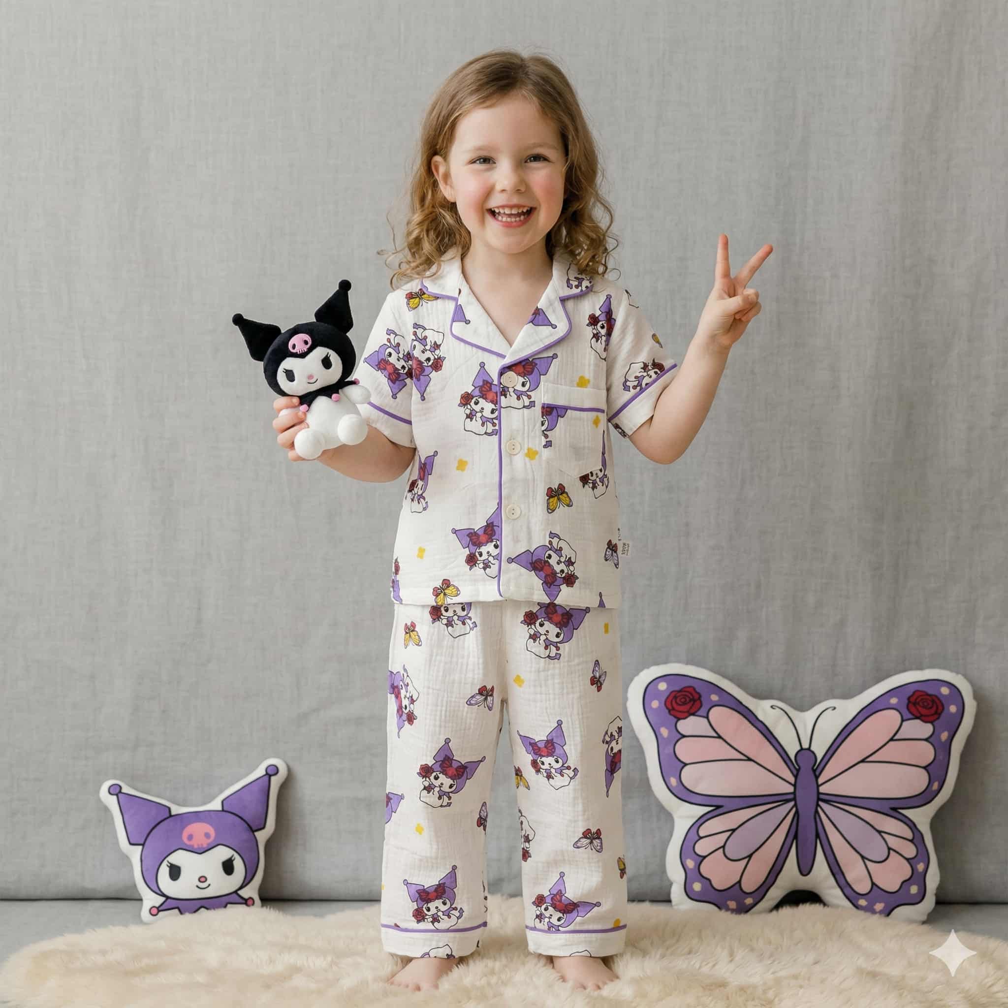 Kuromi Butterfly Girls Half Sleeves Pajama Set- White
