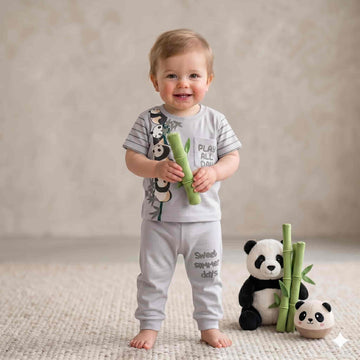 Panda Pile Playtime Half Sleeves Baby Boy Pajama Set - Grey