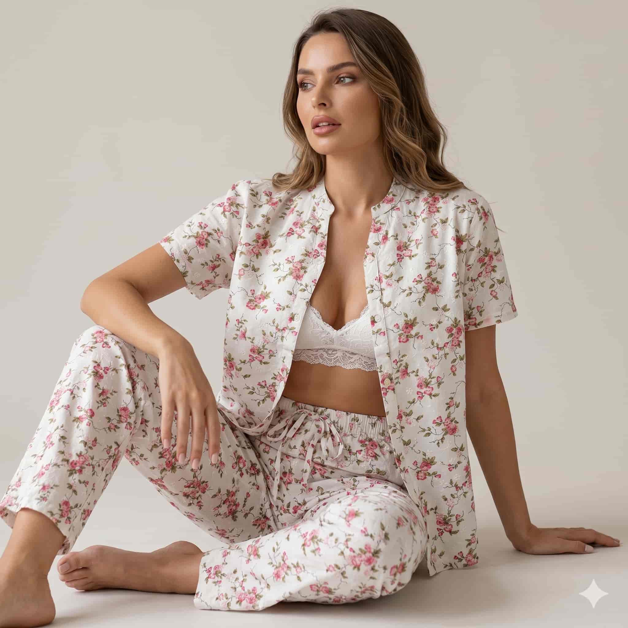 Rose Whisper Women Half Sleeves Pajama Set – Cream