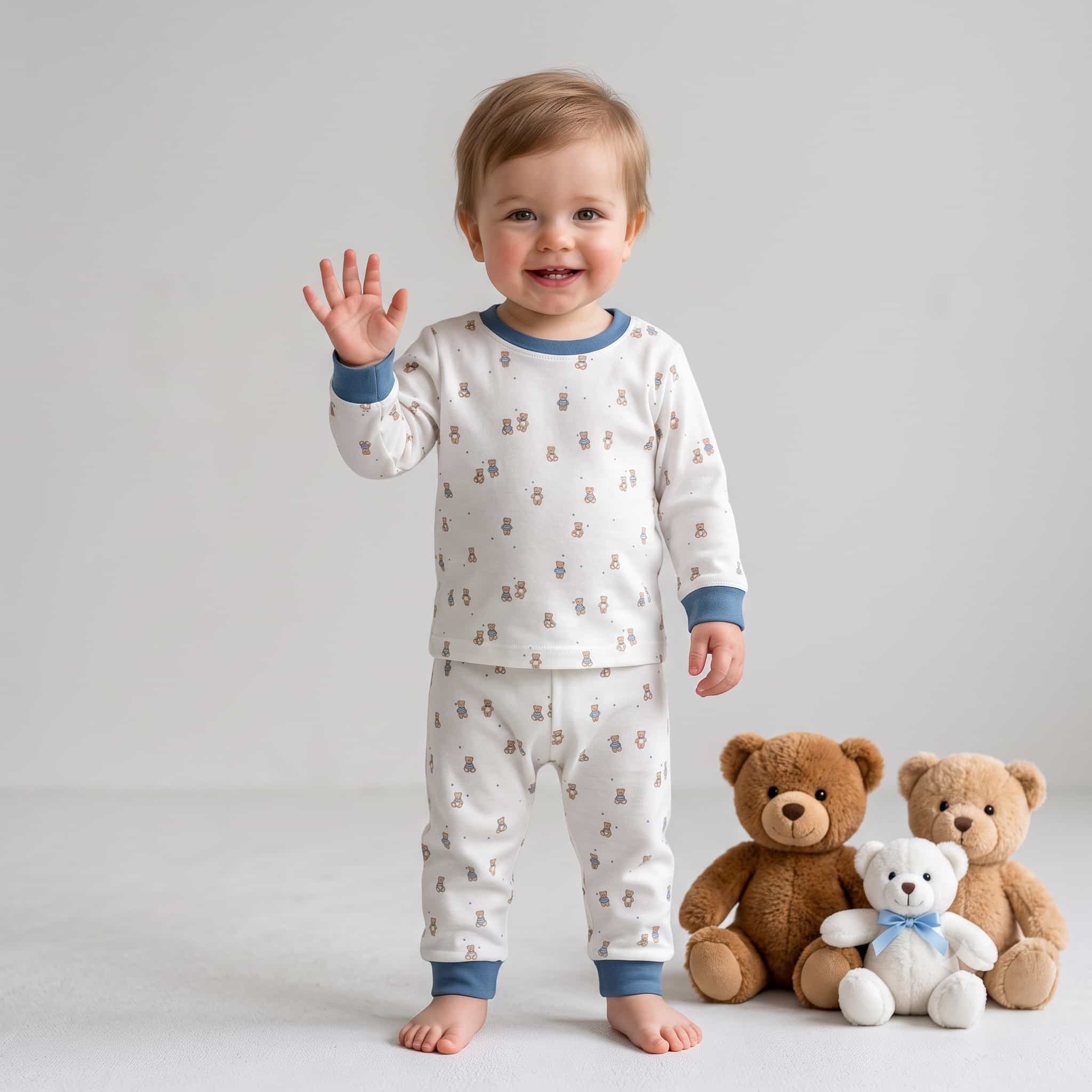 Teddy Bear Baby Boys Full Sleeves Pajama Set – White
