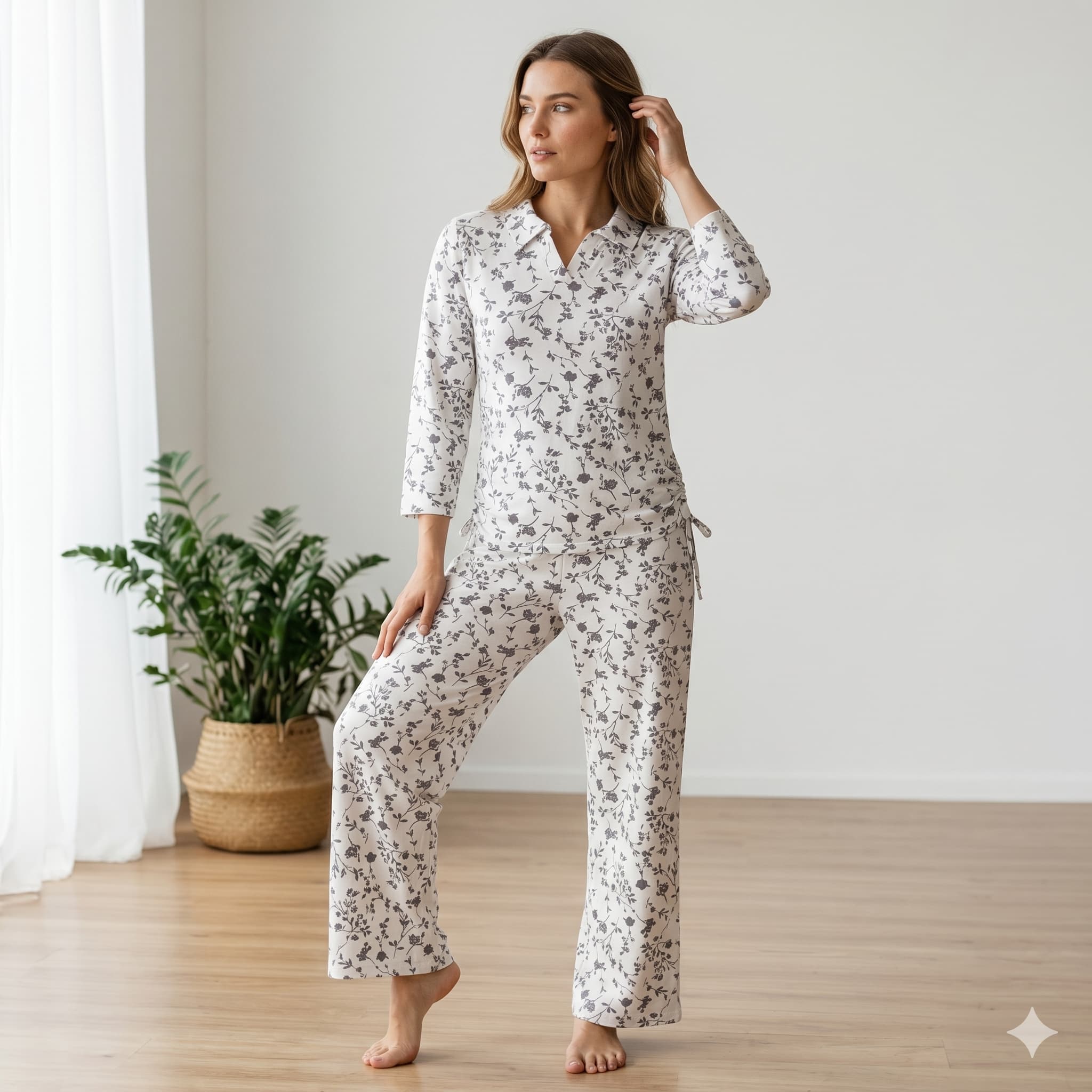 Slate Blossom Women Full Sleeves Pajama Set - Grey
