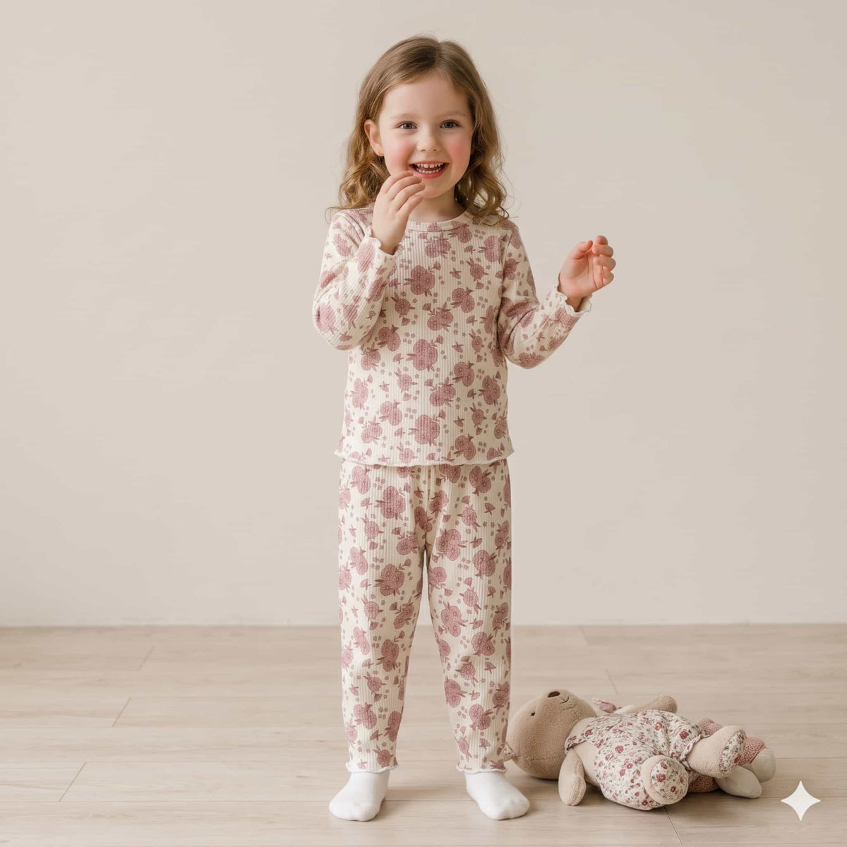 Rose Reverie Girls Full Sleeves Pajama Set – Ivory Cream