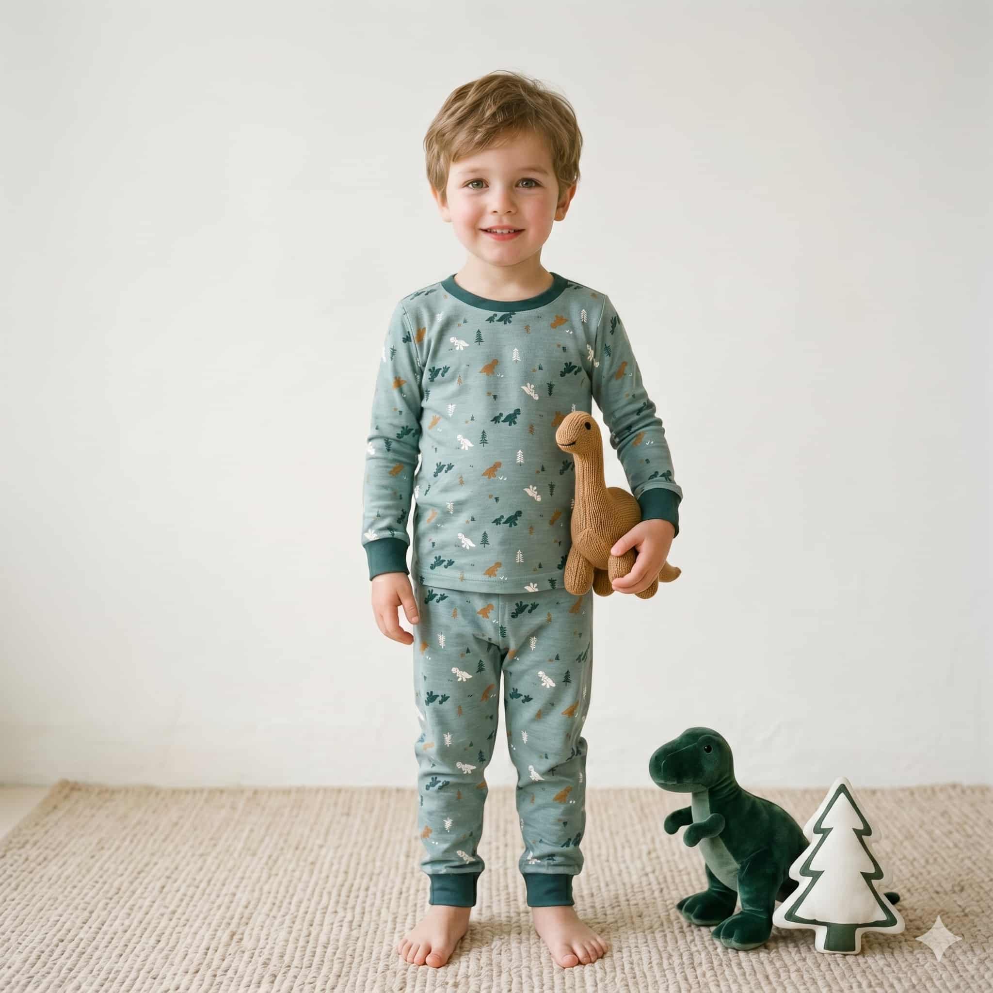 Dino Forest Boys Full Sleeves Pajama Set - Green
