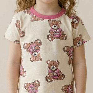 Teddy Plushy Girls Short Sleeves Pajama Set - Cream