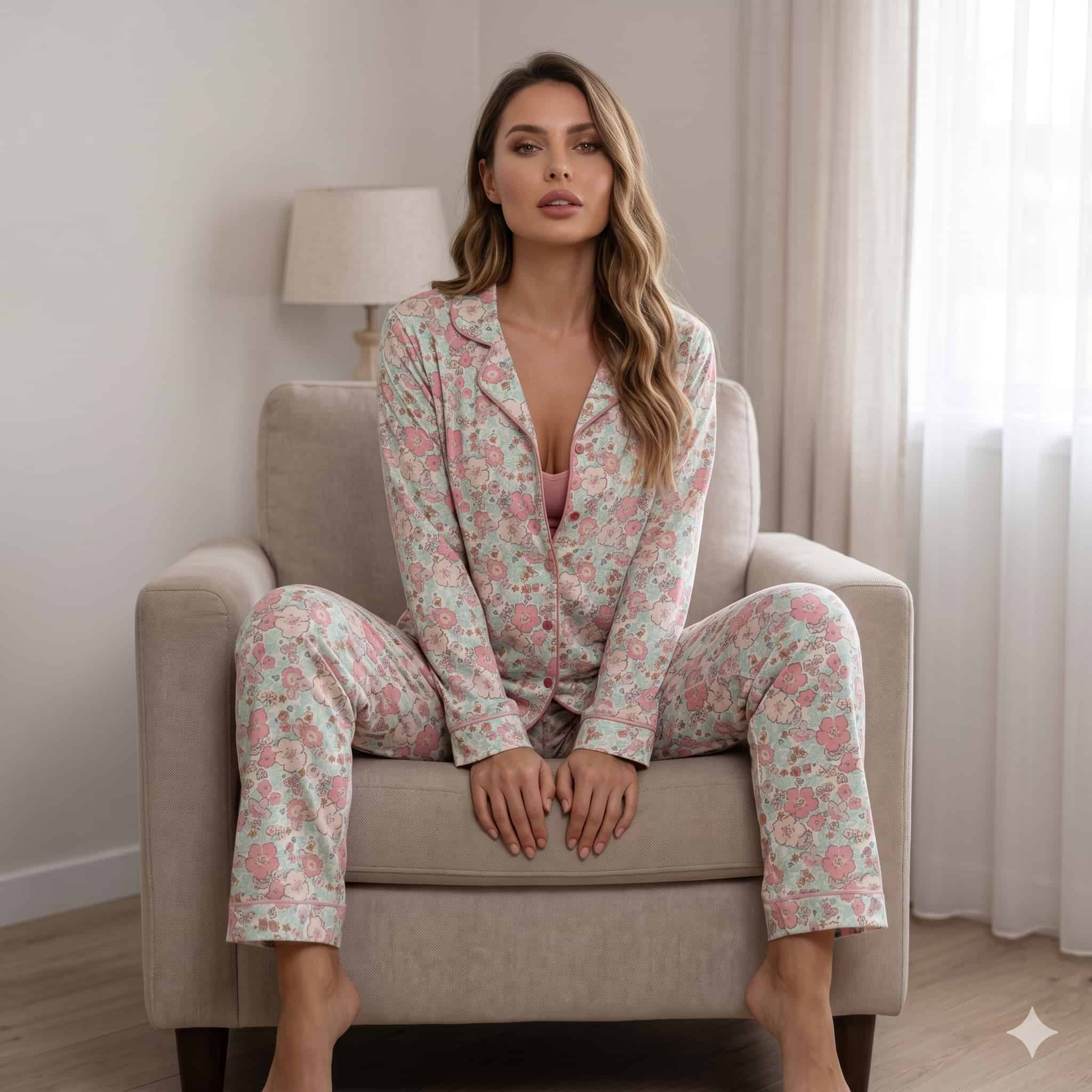 Petal Meadow  Women Full Sleeves Pajama Set - Pink