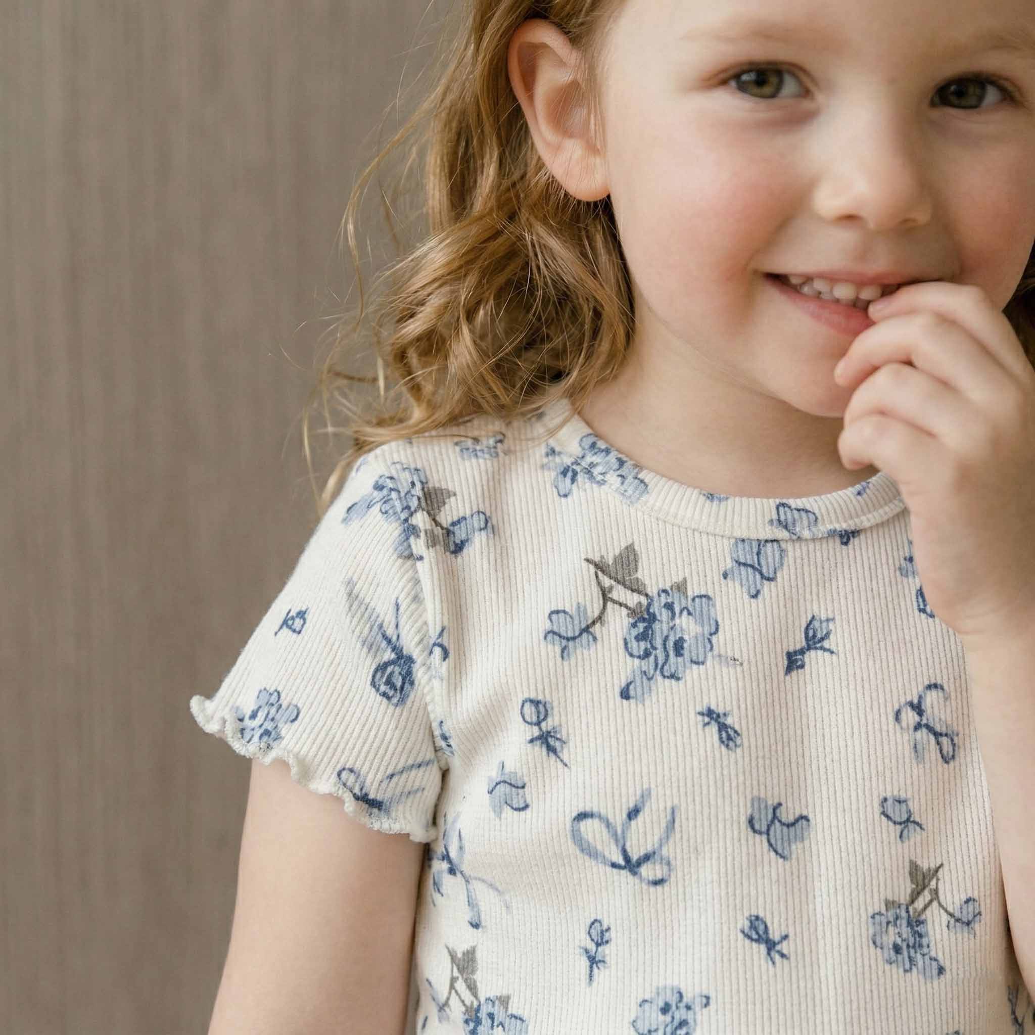 Blue Flowers & Ribbons Girls Short Sleeves Pajama Set - Cream