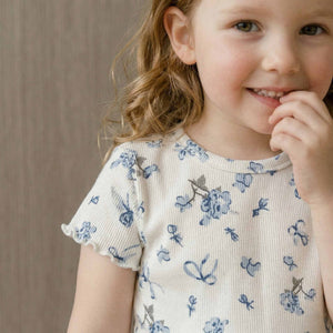 Blue Flowers & Ribbons Girls Short Sleeves Pajama Set - Cream
