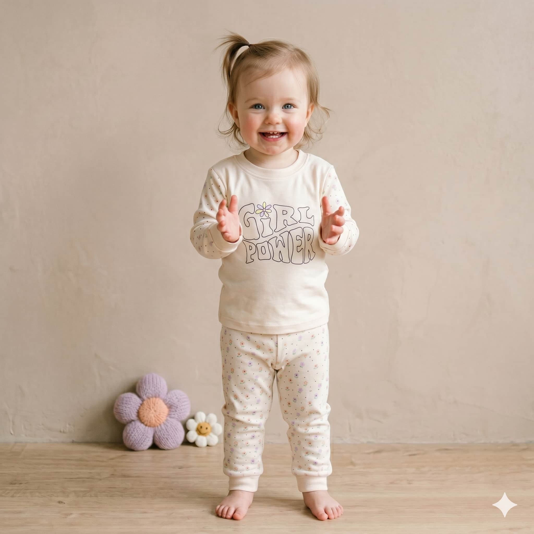 Floral Power Baby Girls Full Sleeves Pajama set - Cream