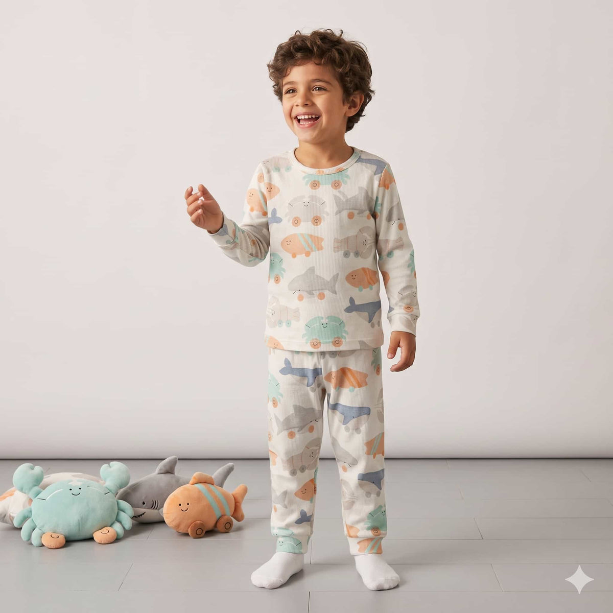 Ocean Wheels Boys Full Sleeves Pajama Set – Ivory White