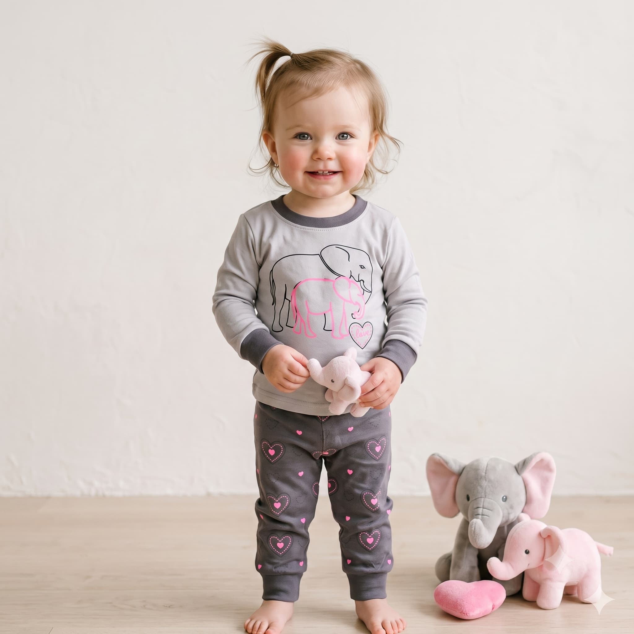 Elephant Love Baby Girls Full Sleeves Pajama Set - Heather Grey