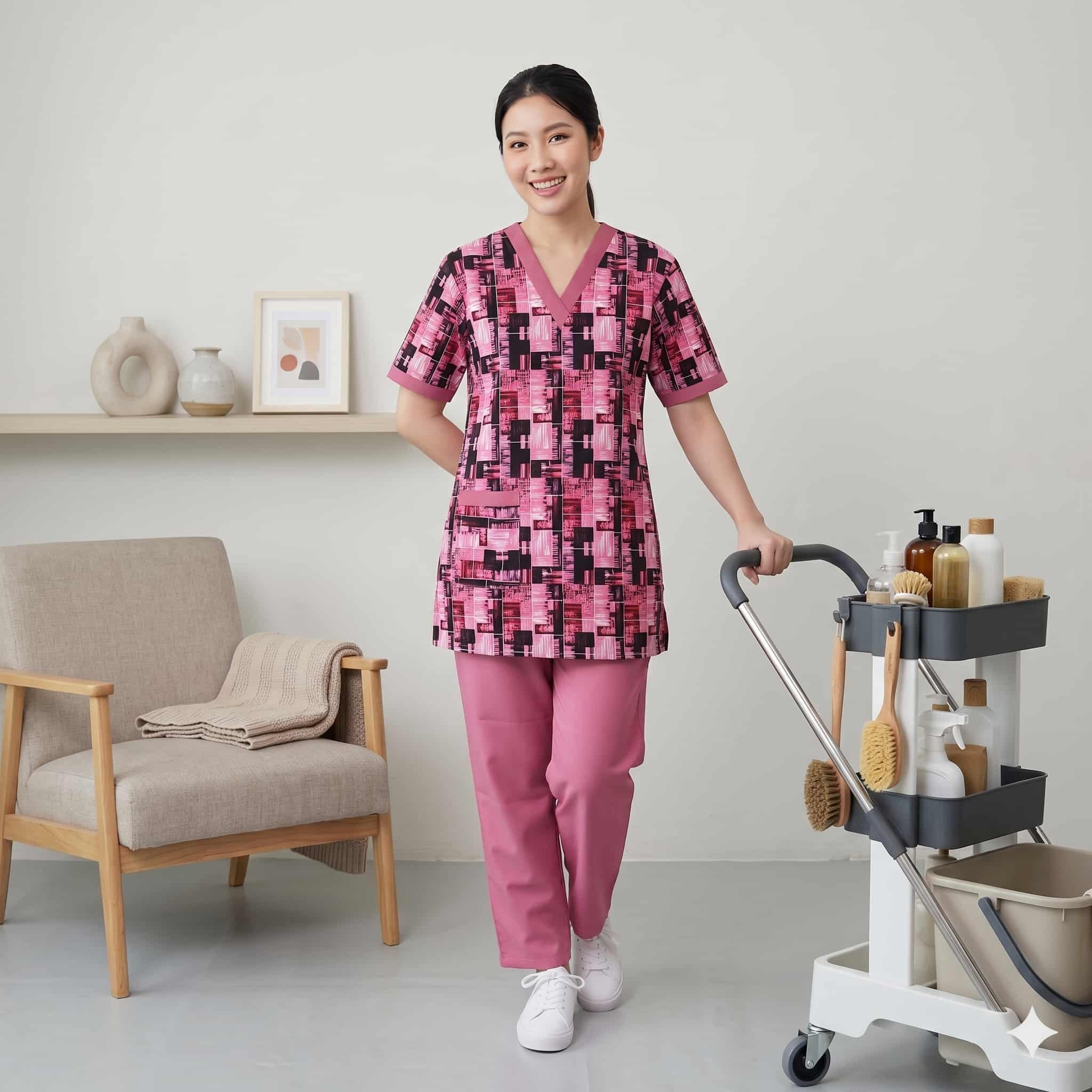 Geometric Pulse Maid Women Uniform Set - Pink