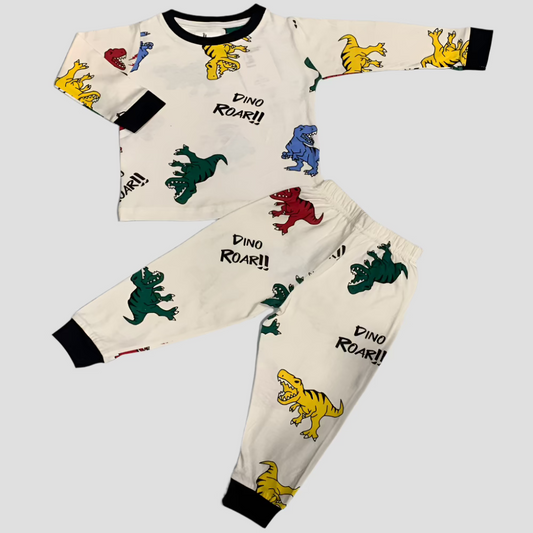 Dino Boys Full Sleeves Pajama Set - Cream